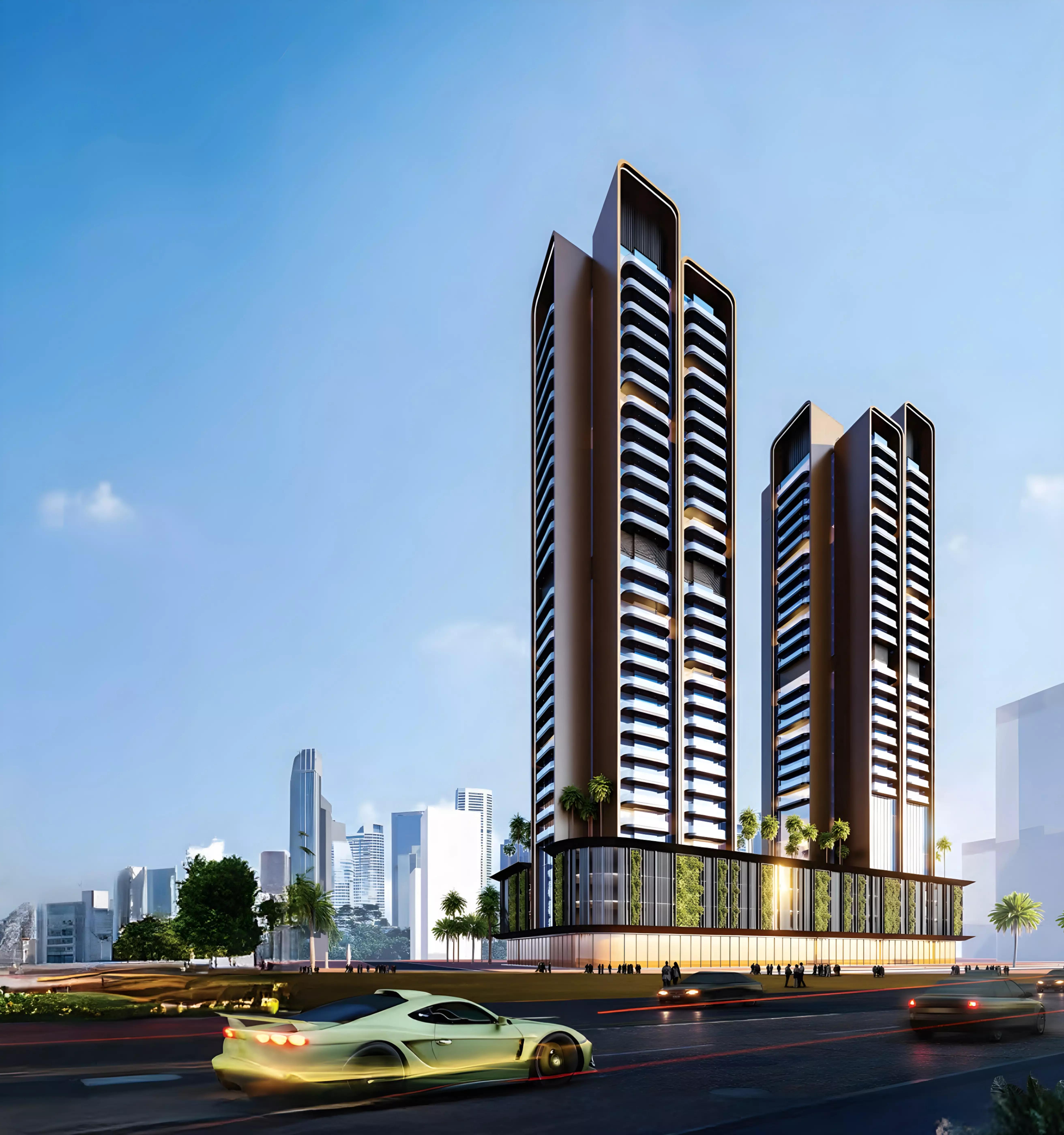 Guzel Tower Phase 2 building render with landscaping, JVT, Dubai