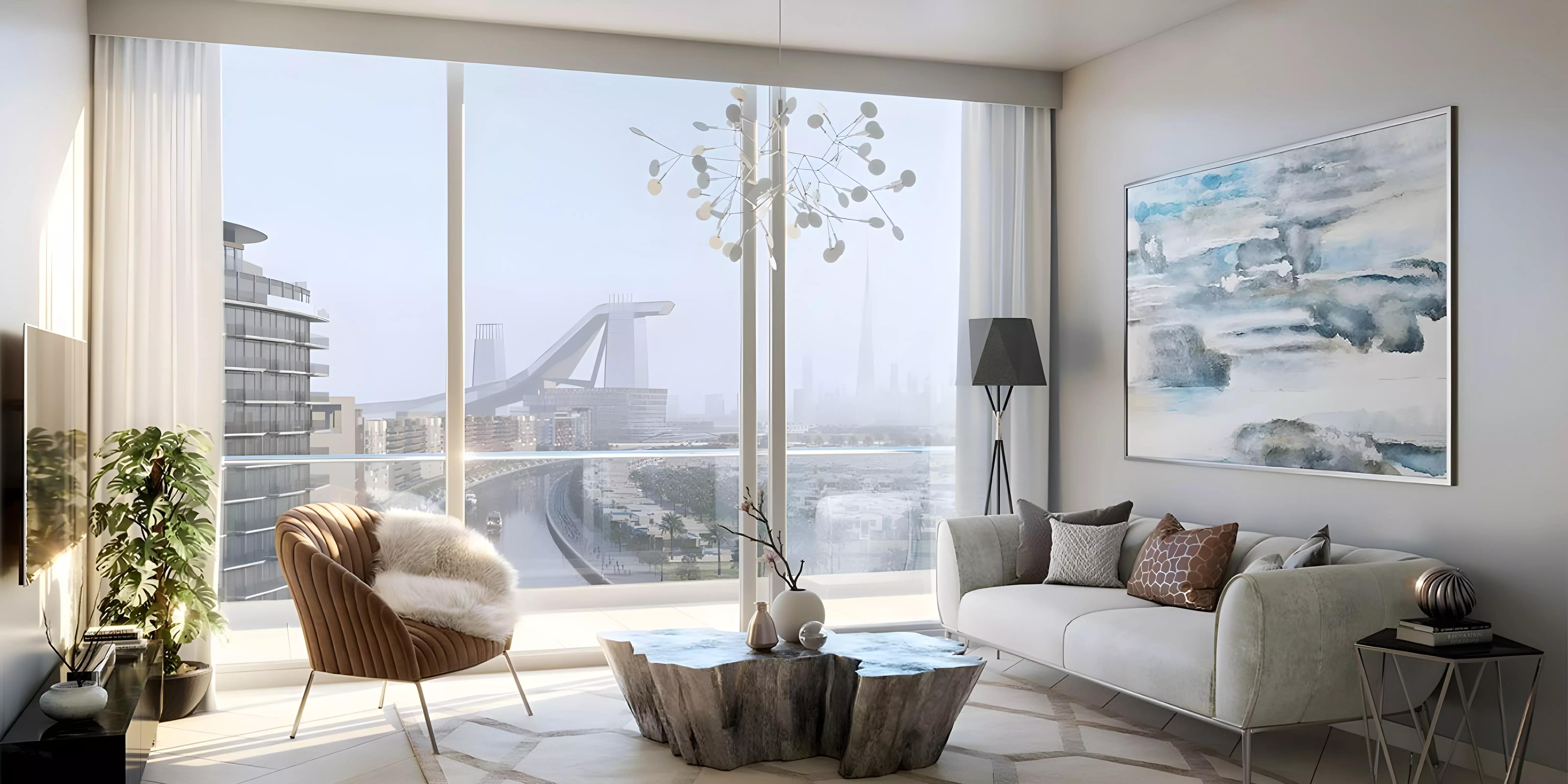 Azizi Riviera community landscaped walkway and building facade, Meydan, Dubai