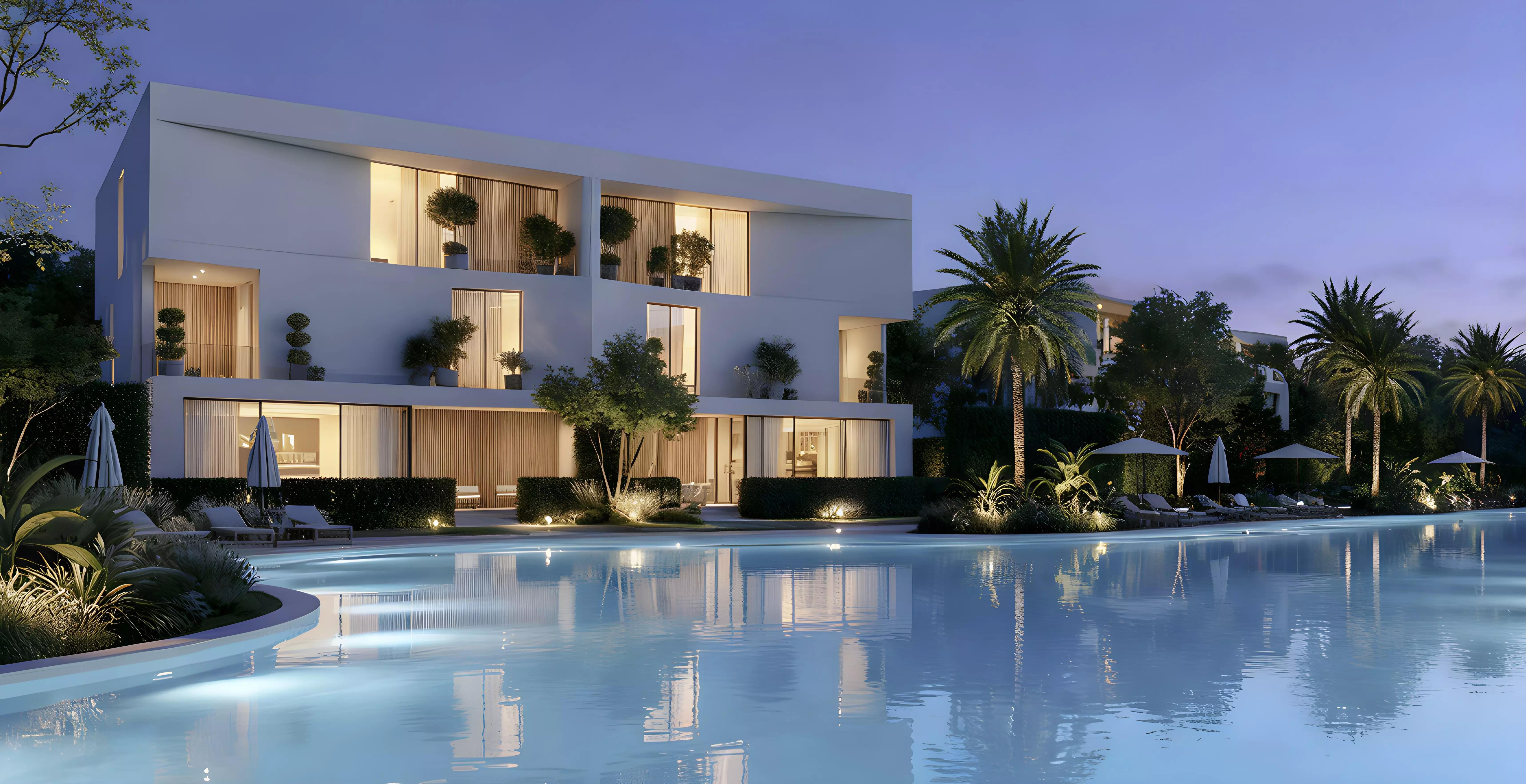 The Dune at Lunaya villa exterior with landscaped grounds, Jebel Ali Village, Dubai