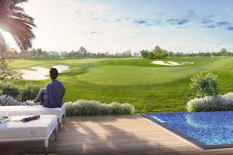 Golf Links at Emaar South — villa terrace and pool overlooking the 18-hole championship golf course