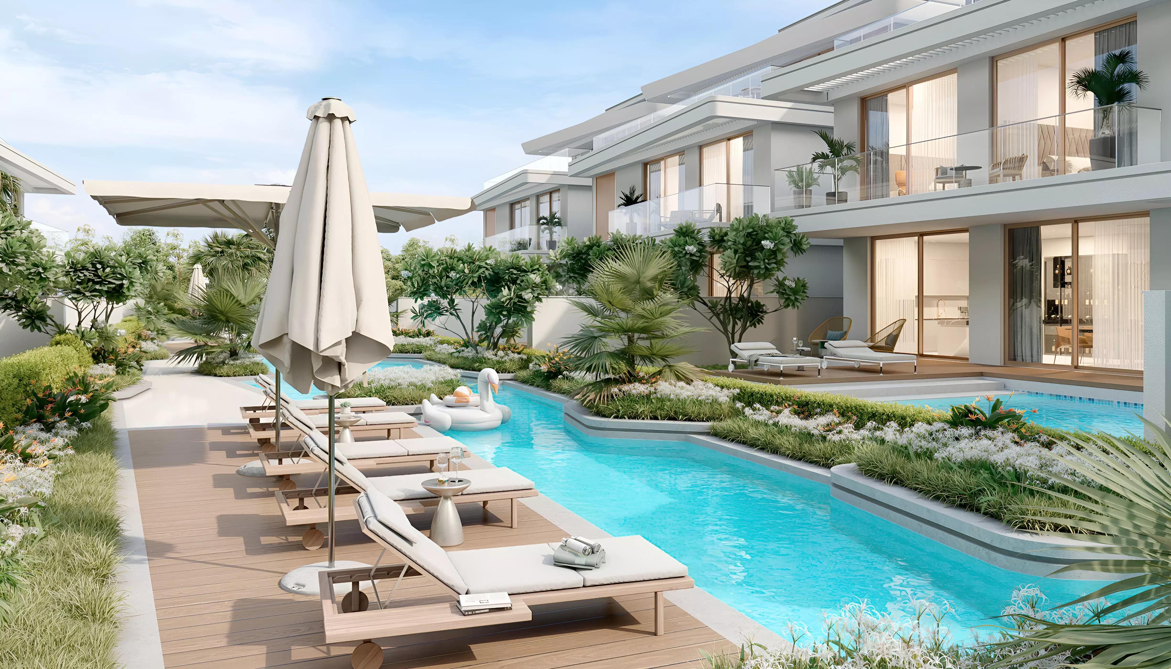 The Woodland Residence villa evening exterior view, District 11, MBR City, Dubai