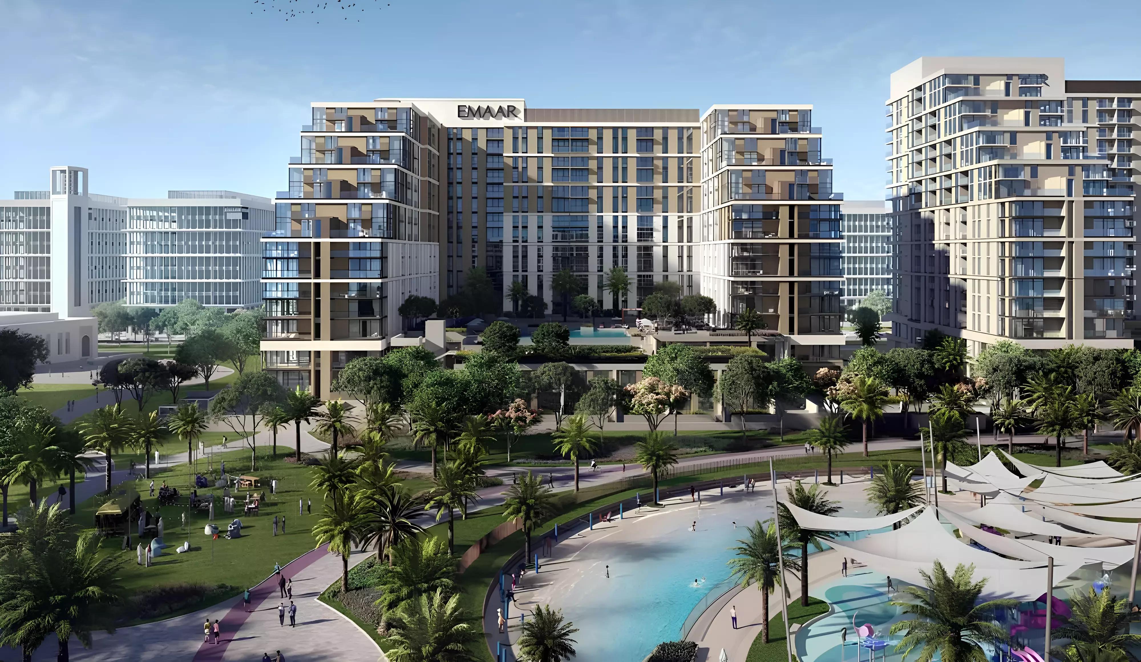 Parkside Views residential tower and landscaped grounds, Dubai Hills Estate