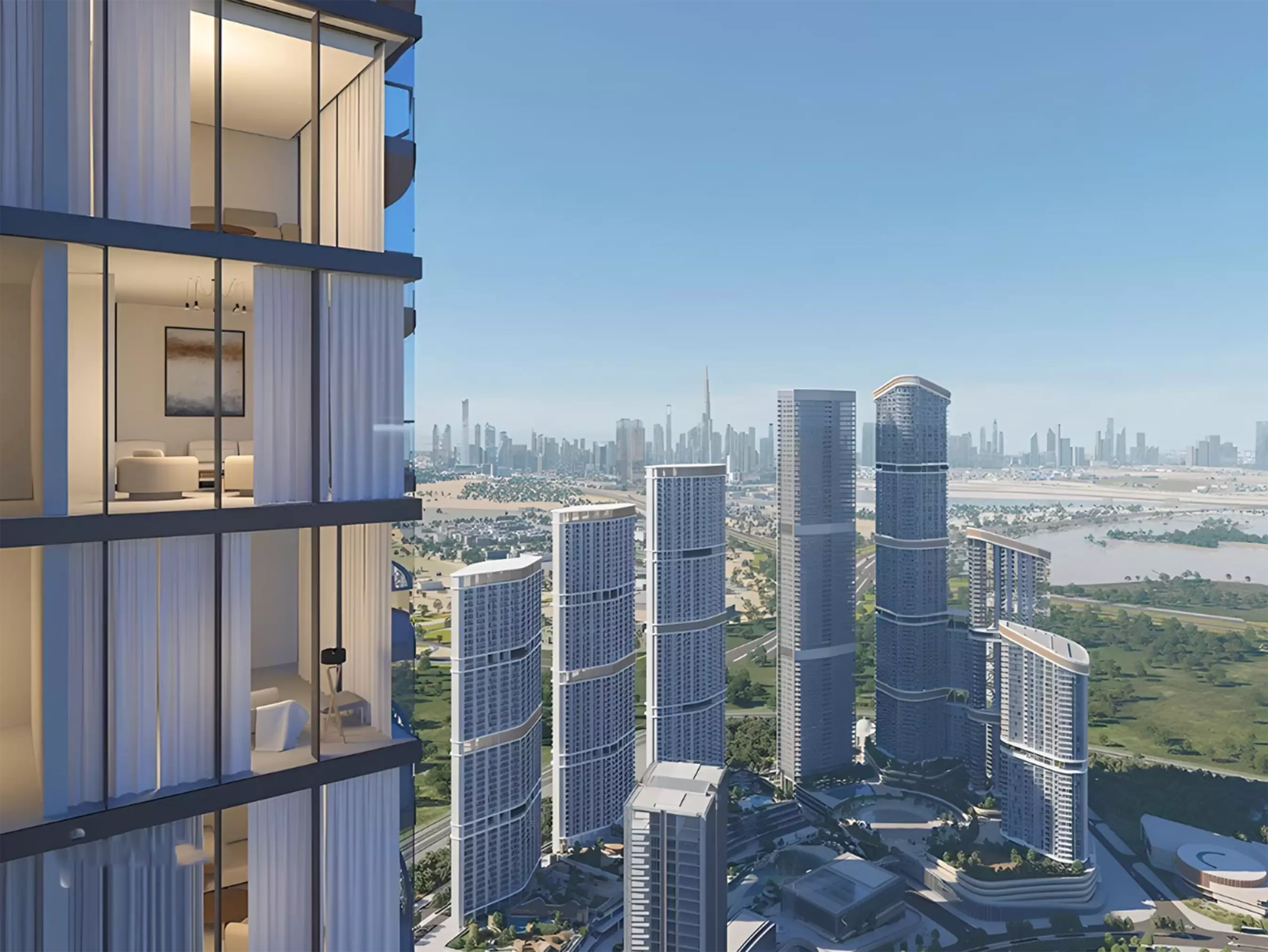 Landscaped gardens and walkway at Sobha Skyscape Aura, Sobha Hartland II, Dubai
