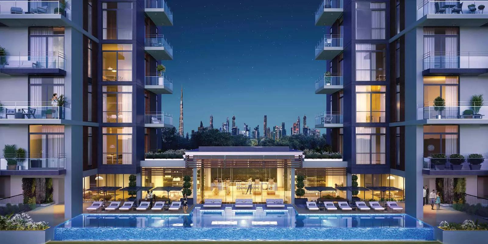 Wilton Park Residences Phase 2 building entrance and landscaping, MBR City, Dubai