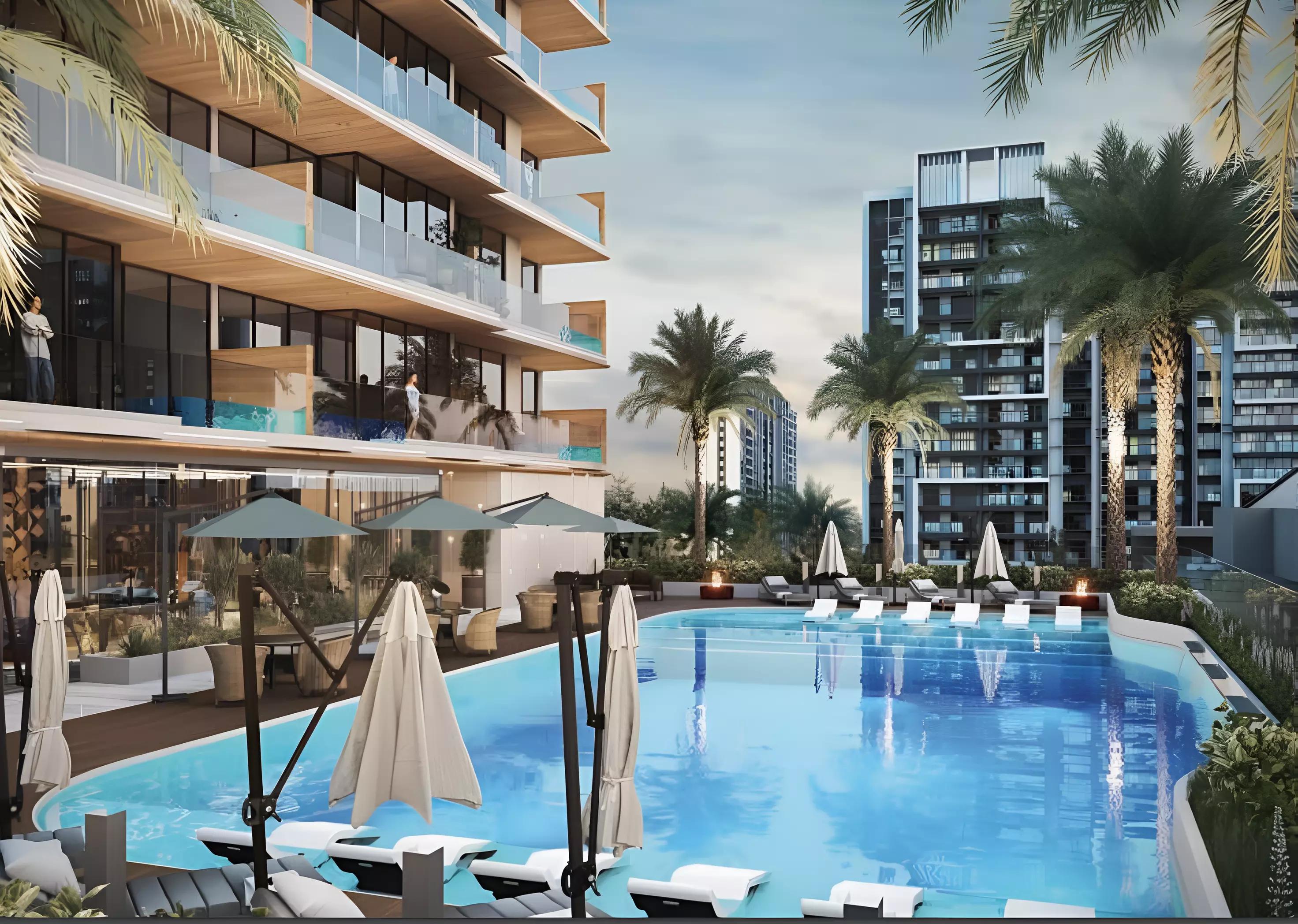 Sky Living residential tower street-level view, JVC District 11, Dubai