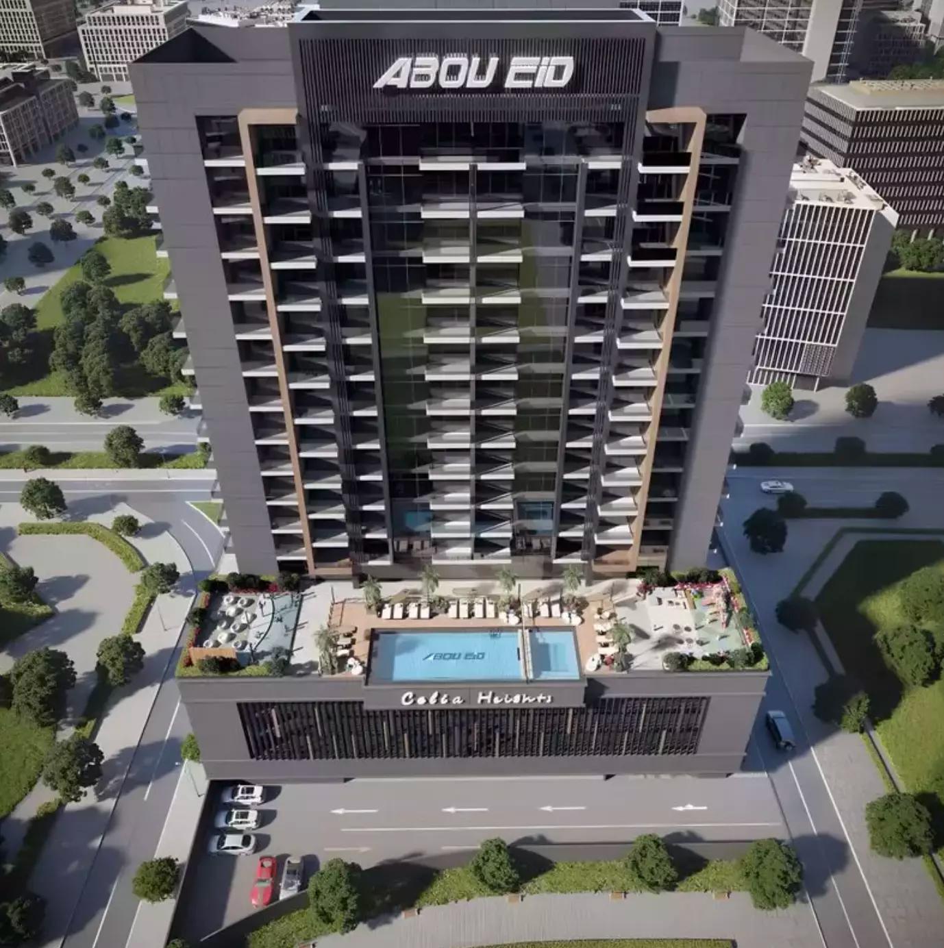 Celia Heights residential tower street-level view, Majan, Dubai