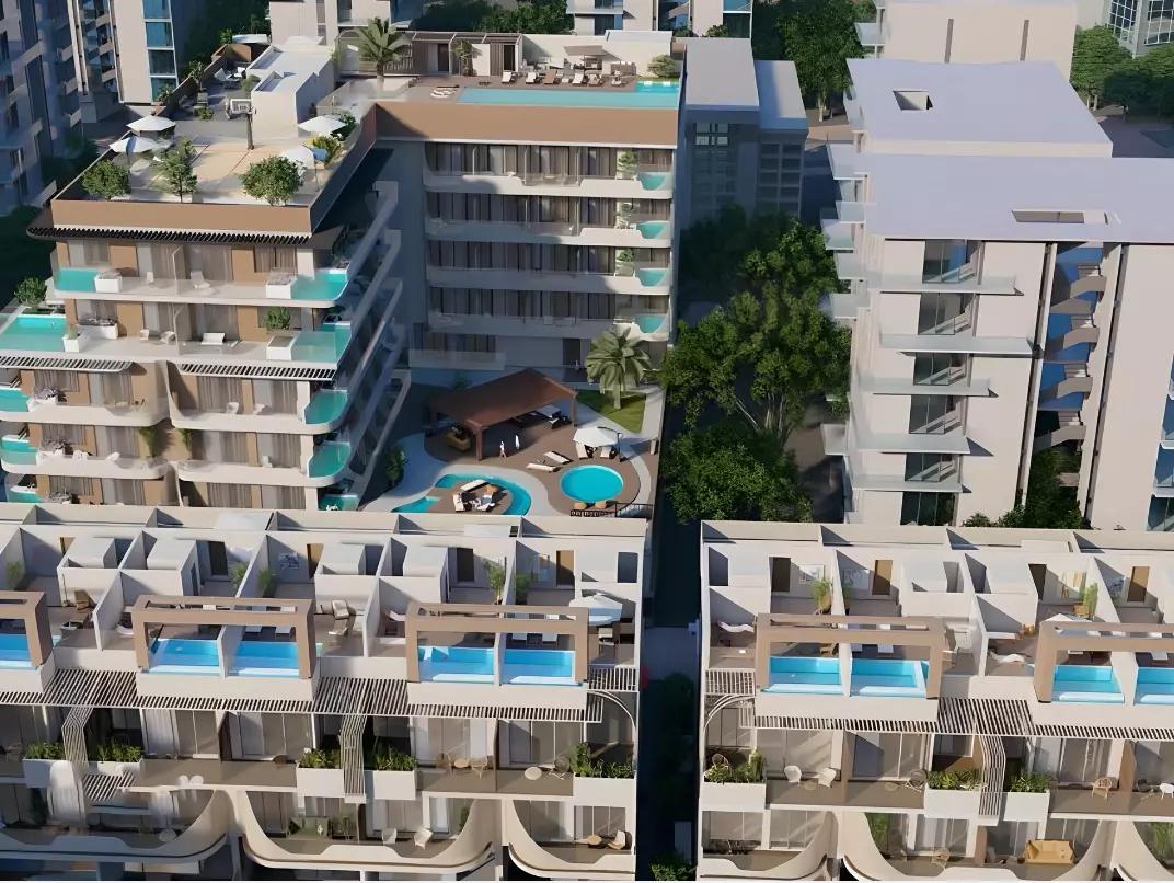 Ashton Park building entrance and landscaping, Jumeirah Village Circle, Dubai