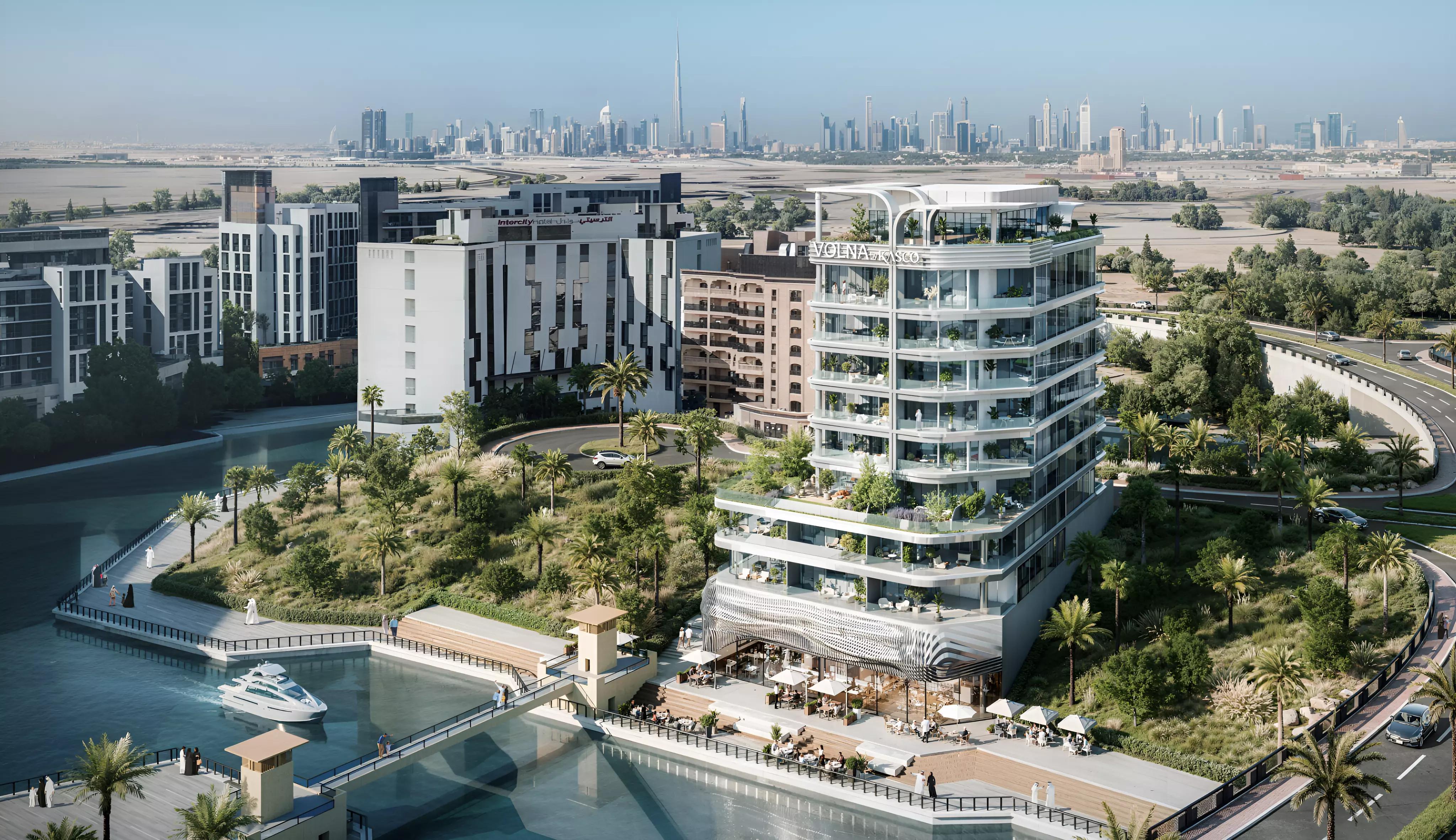 Exterior view of Volna by Kasco residential tower in Al Jaddaf, Dubai