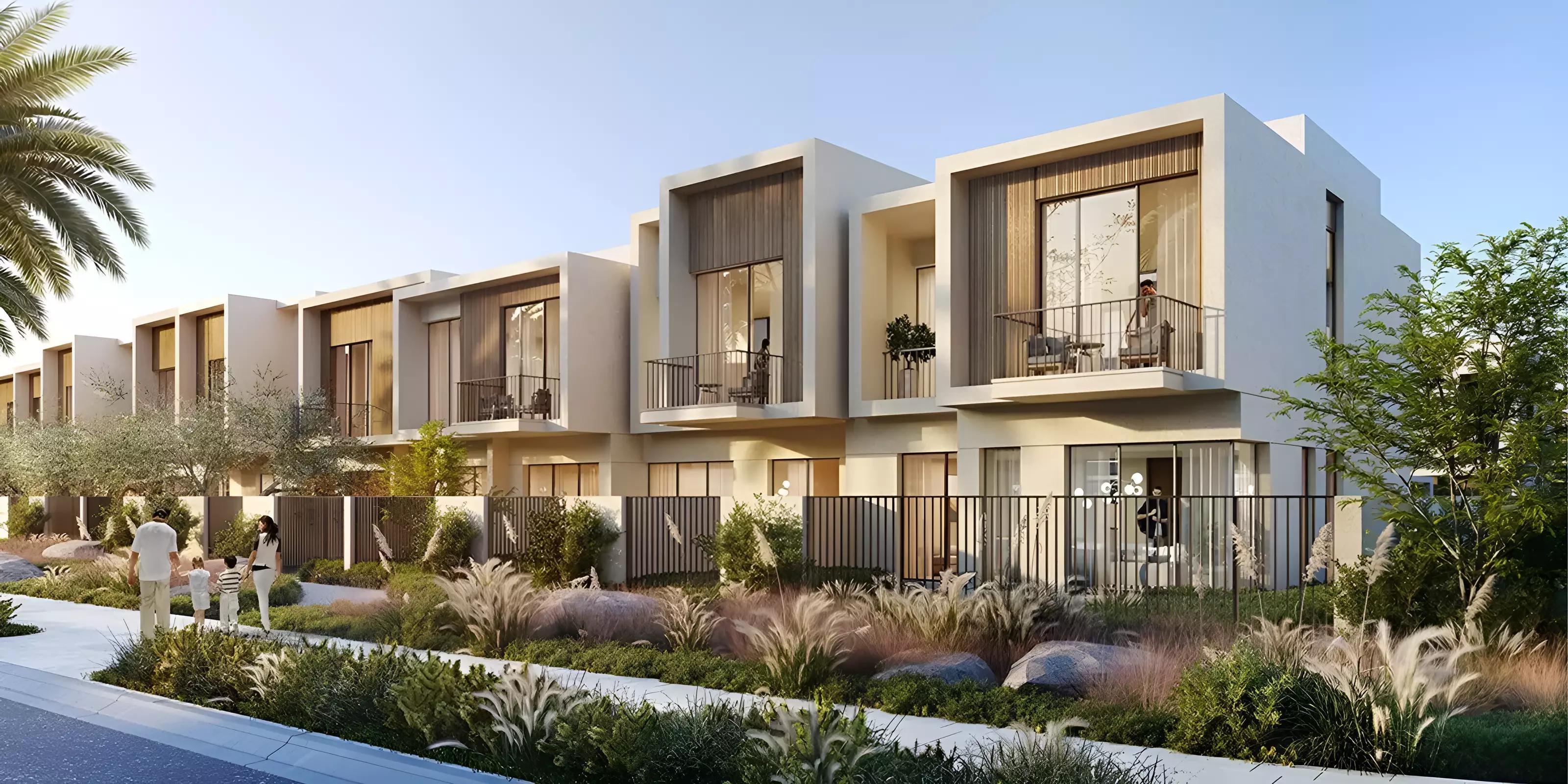 Orania townhouse exterior with landscaped street frontage, The Valley, Dubai