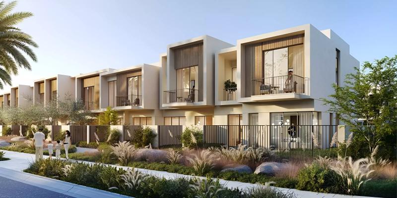 Orania townhouse exterior with landscaped street frontage, The Valley, Dubai