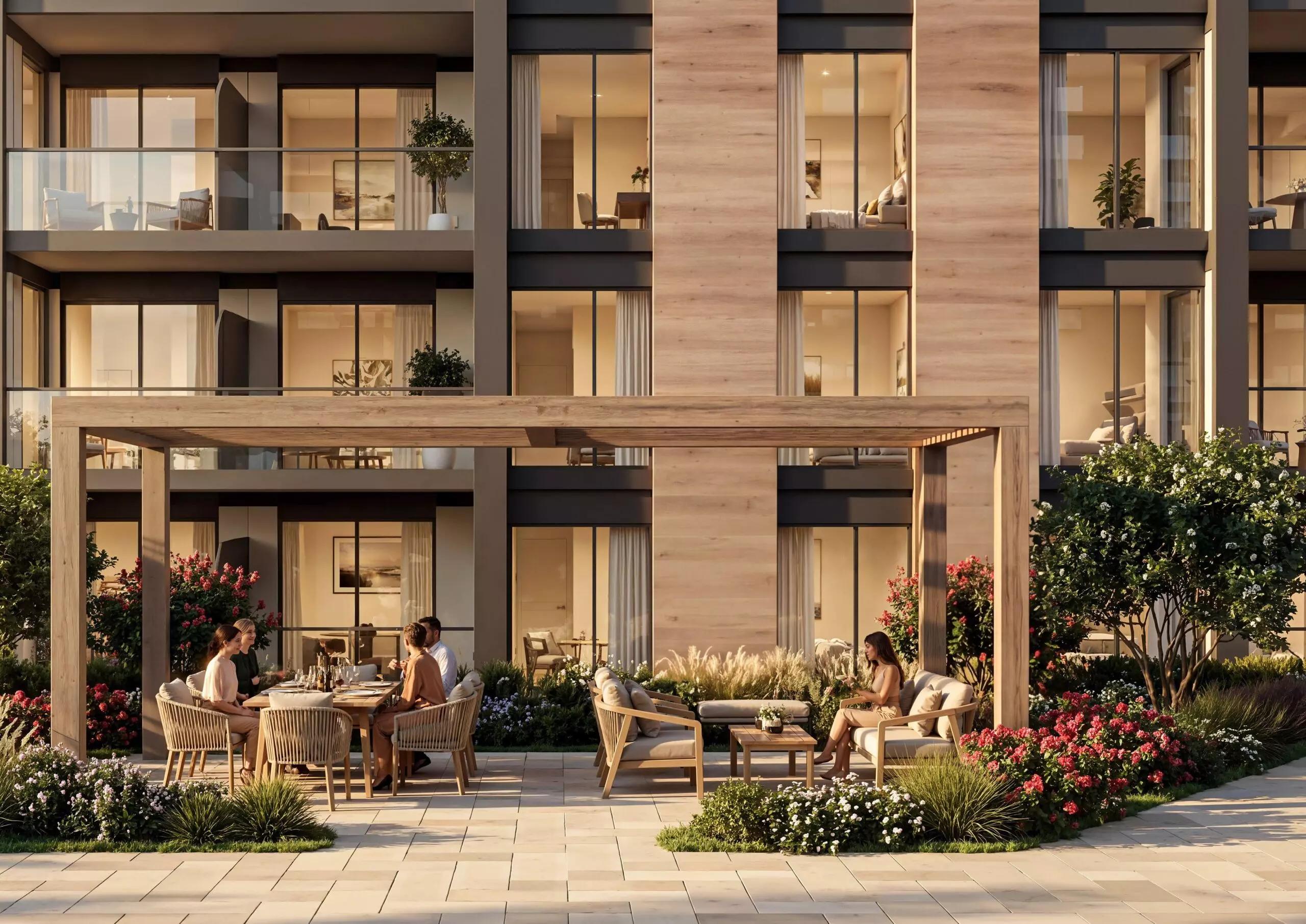 Facade and entrance of Silviana Park Living residential development, JVT, Dubai