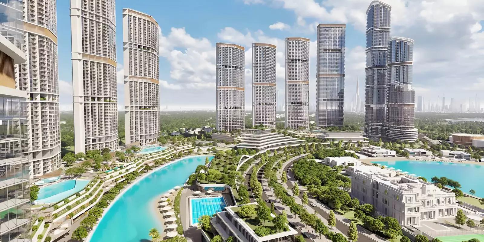 Exterior facade of 350 Riverside Crescent tower, Sobha Hartland II, Dubai
