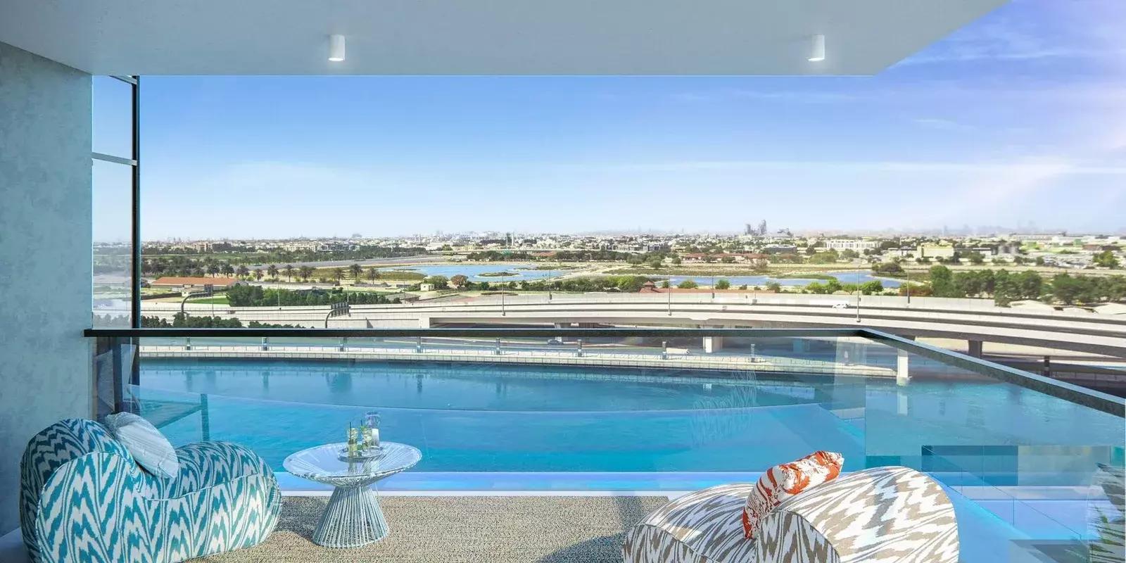 Urban Oasis by Missoni shared pool deck with skyline view, Business Bay, Dubai