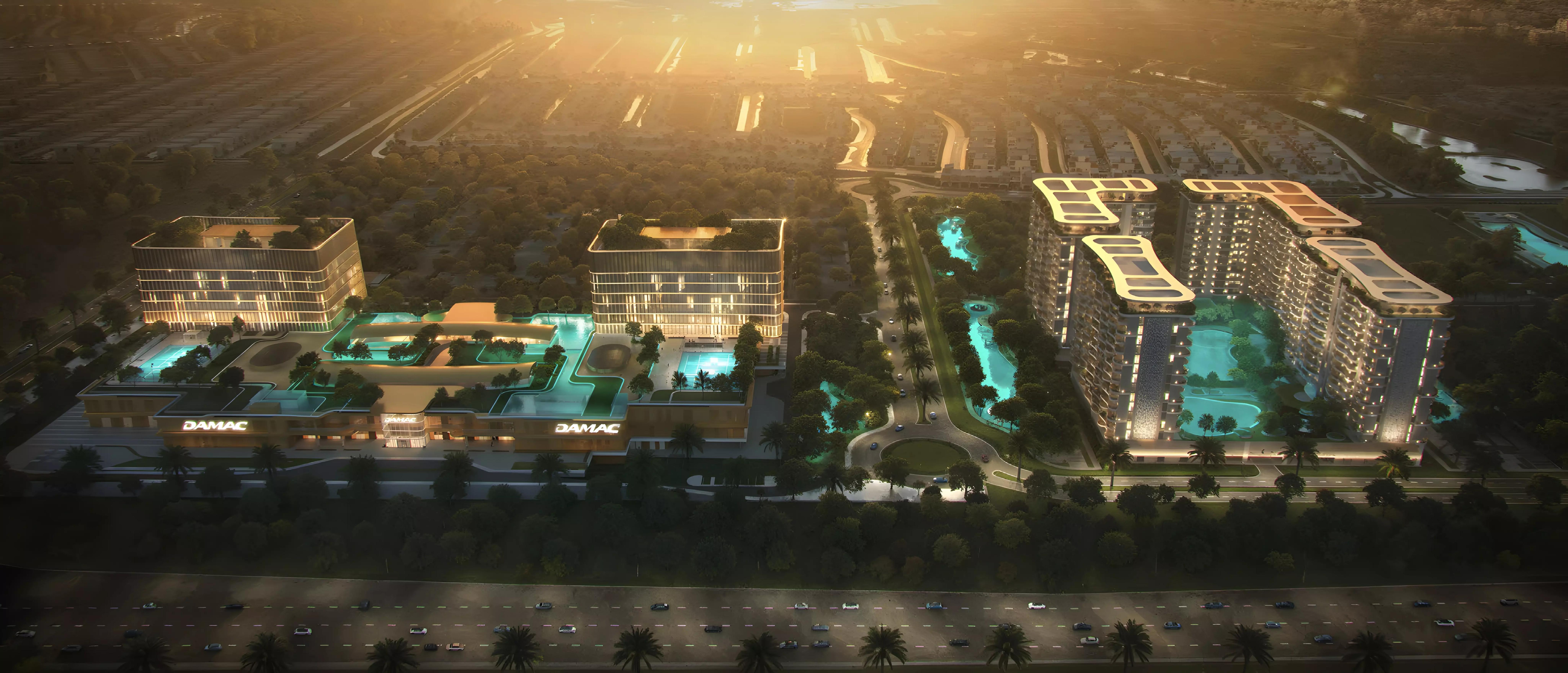 Valencia facade and landscaped entrance, DAMAC Lagoons