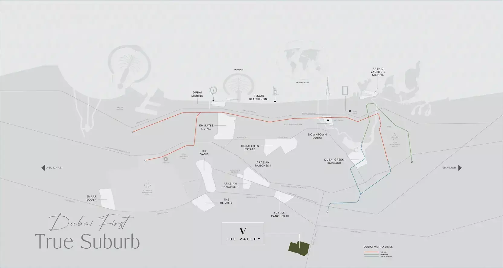 The Valley West master plan layout showing townhouse clusters and park spine, The Valley, Dubai