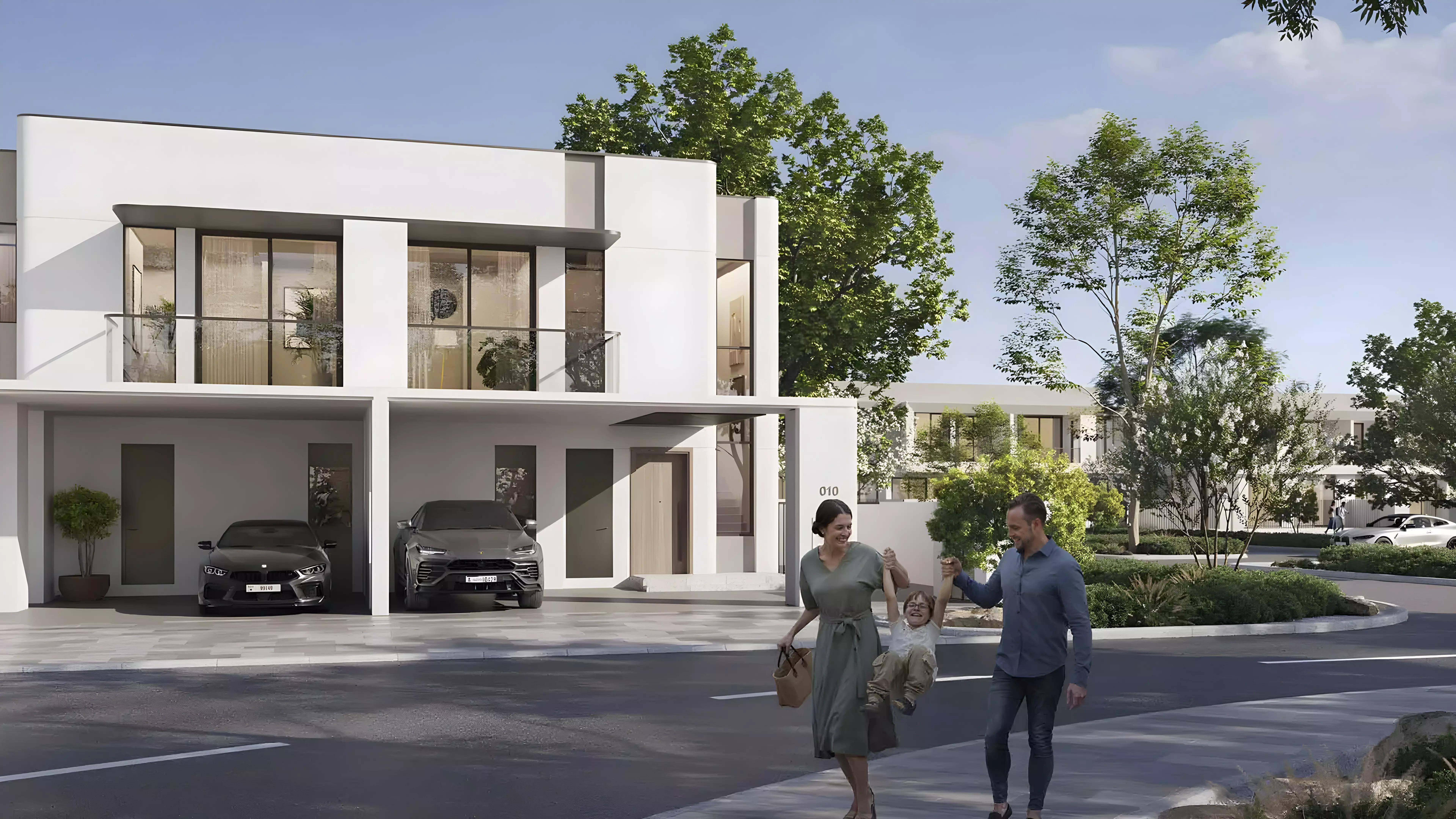 Elea at The Valley townhouse row with landscaped street, The Valley, Dubai