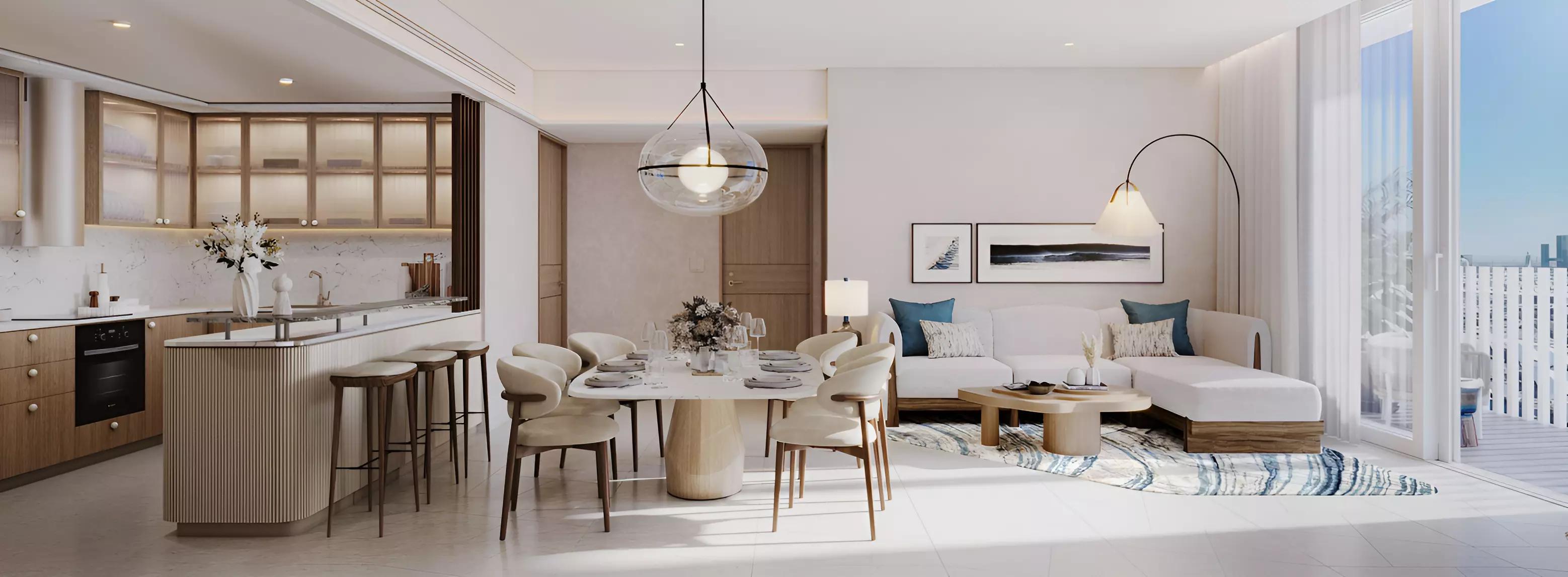 Saria residential tower exterior with waterfront view, Dubai Maritime City