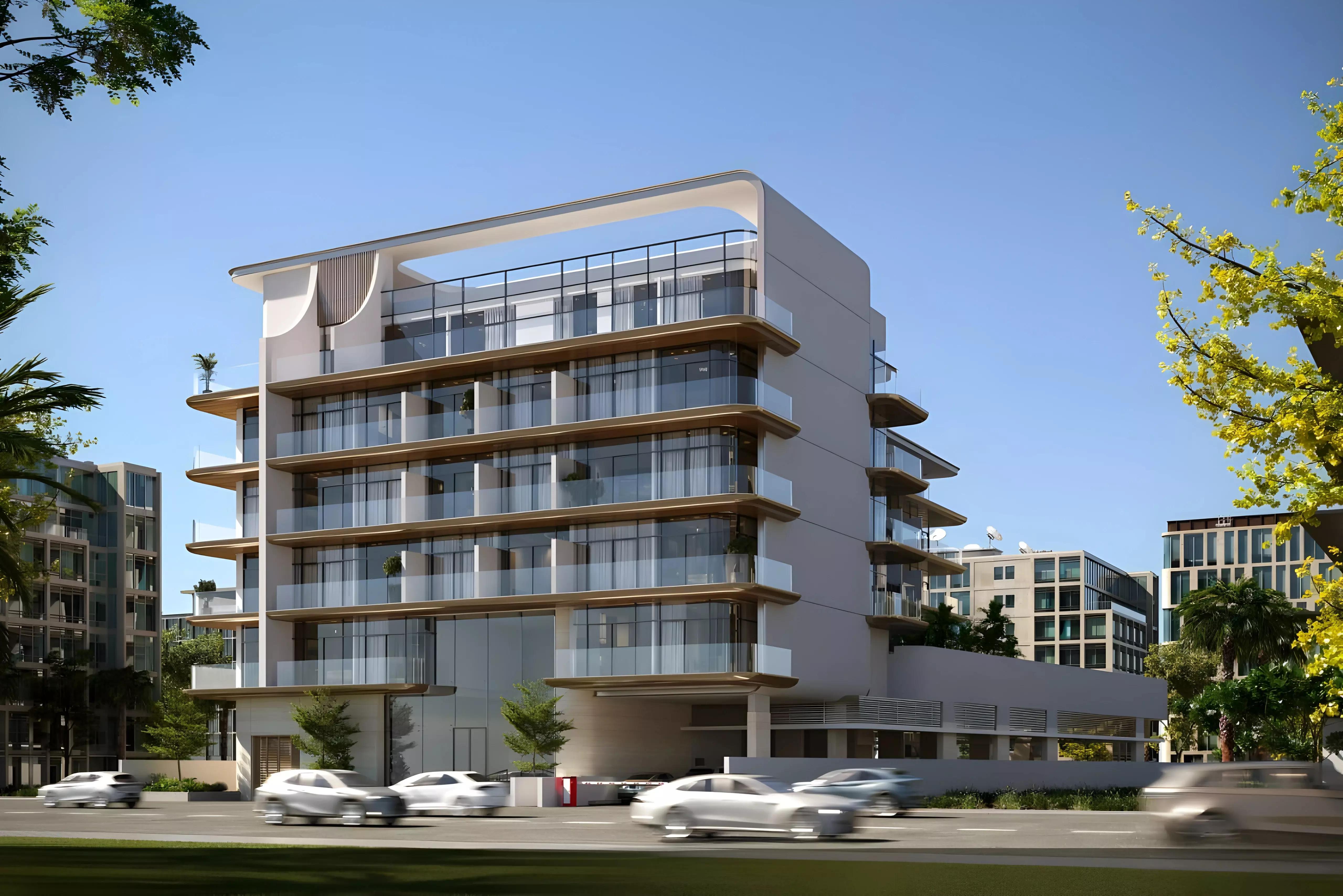 Aizel Tower building elevation with landscaping, Al Warsan, Dubai