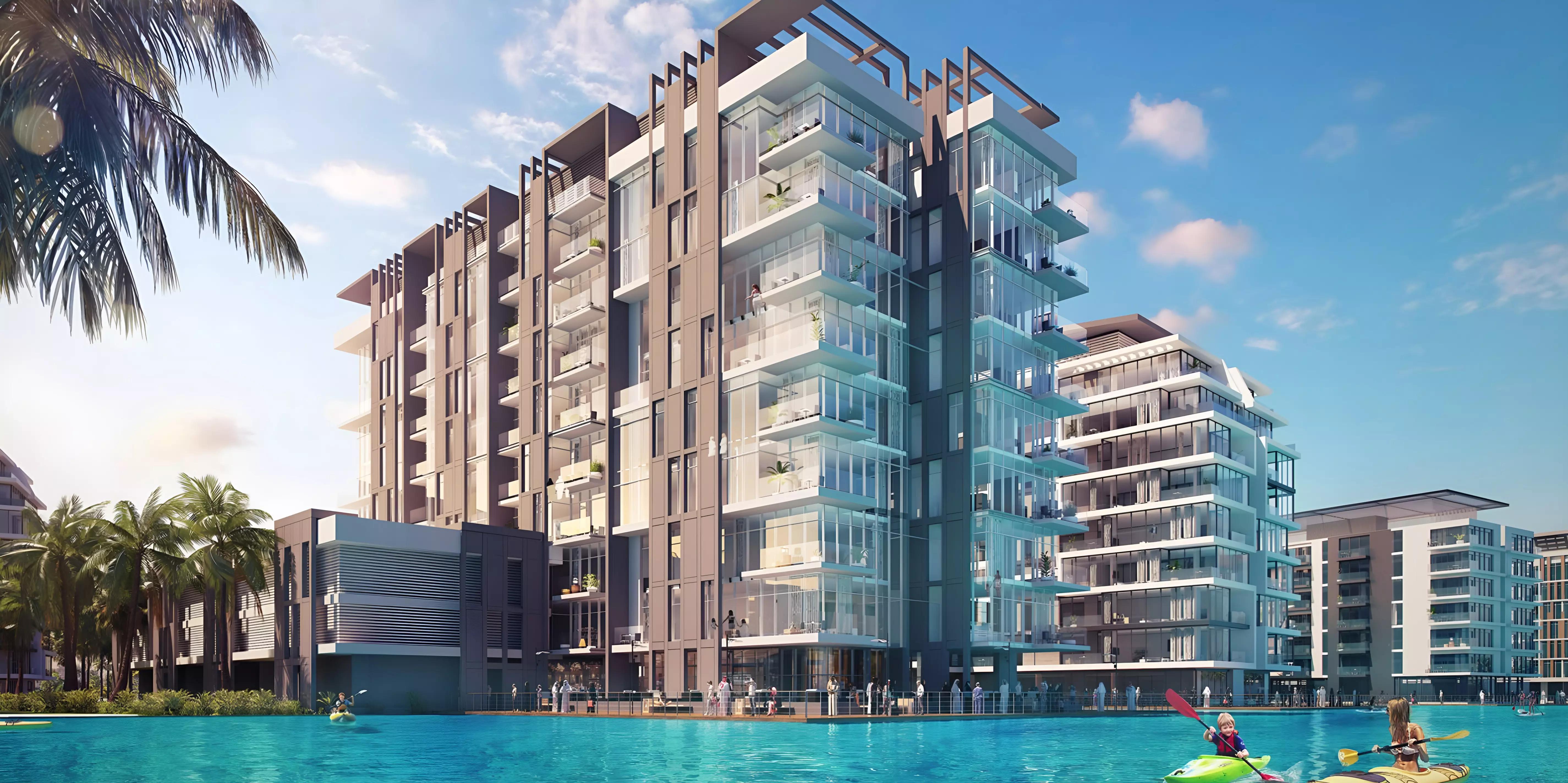 The Residences at District One exterior facade overlooking the lagoon, MBR City, Dubai
