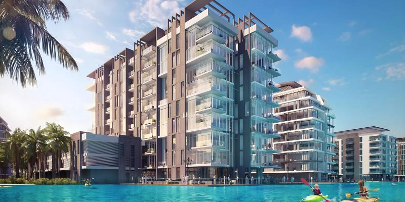 The Residences at District One exterior facade overlooking the lagoon, MBR City, Dubai