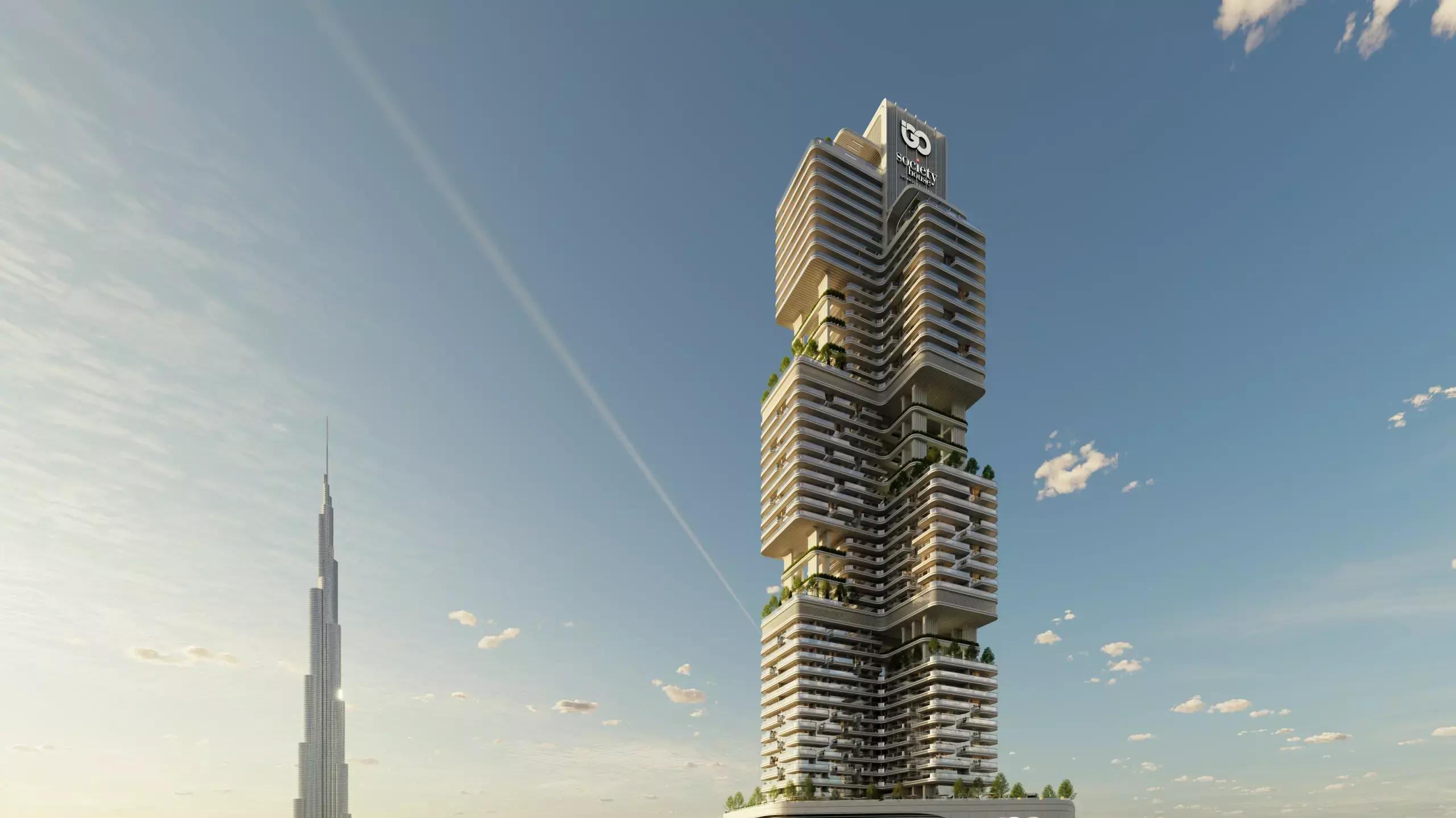 Society House exterior facade in Downtown Dubai with Burj Khalifa skyline
