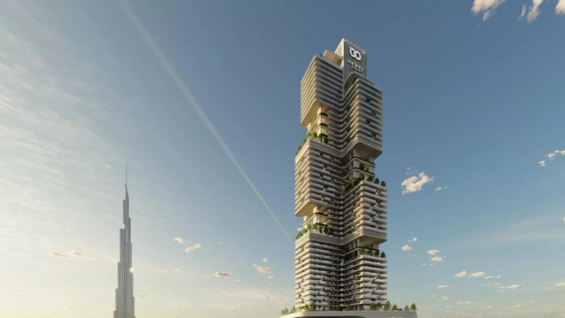 Society House exterior facade in Downtown Dubai with Burj Khalifa skyline