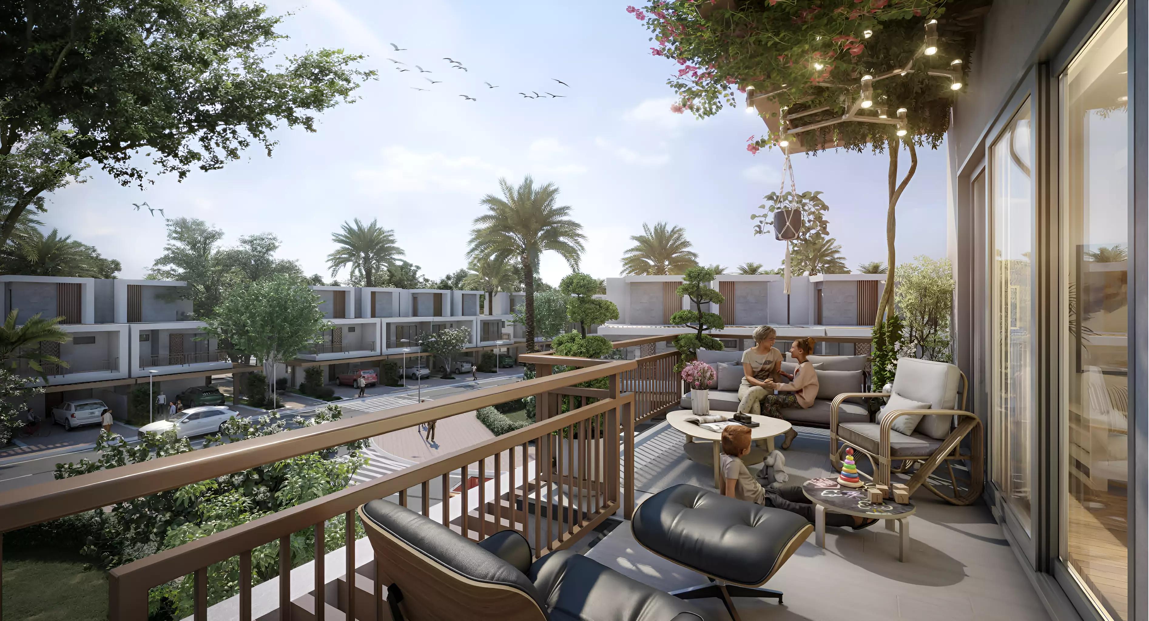 Violet 4 townhouse street view with landscaping, Damac Hills 2, Dubai