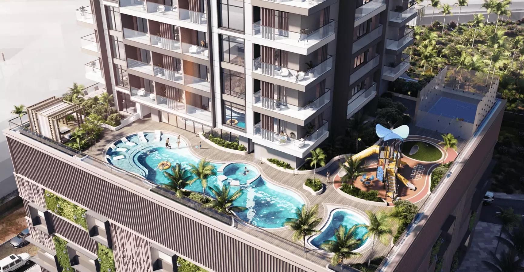 Landscaped garden podium area at Q Gardens Aliya, JVC, Dubai