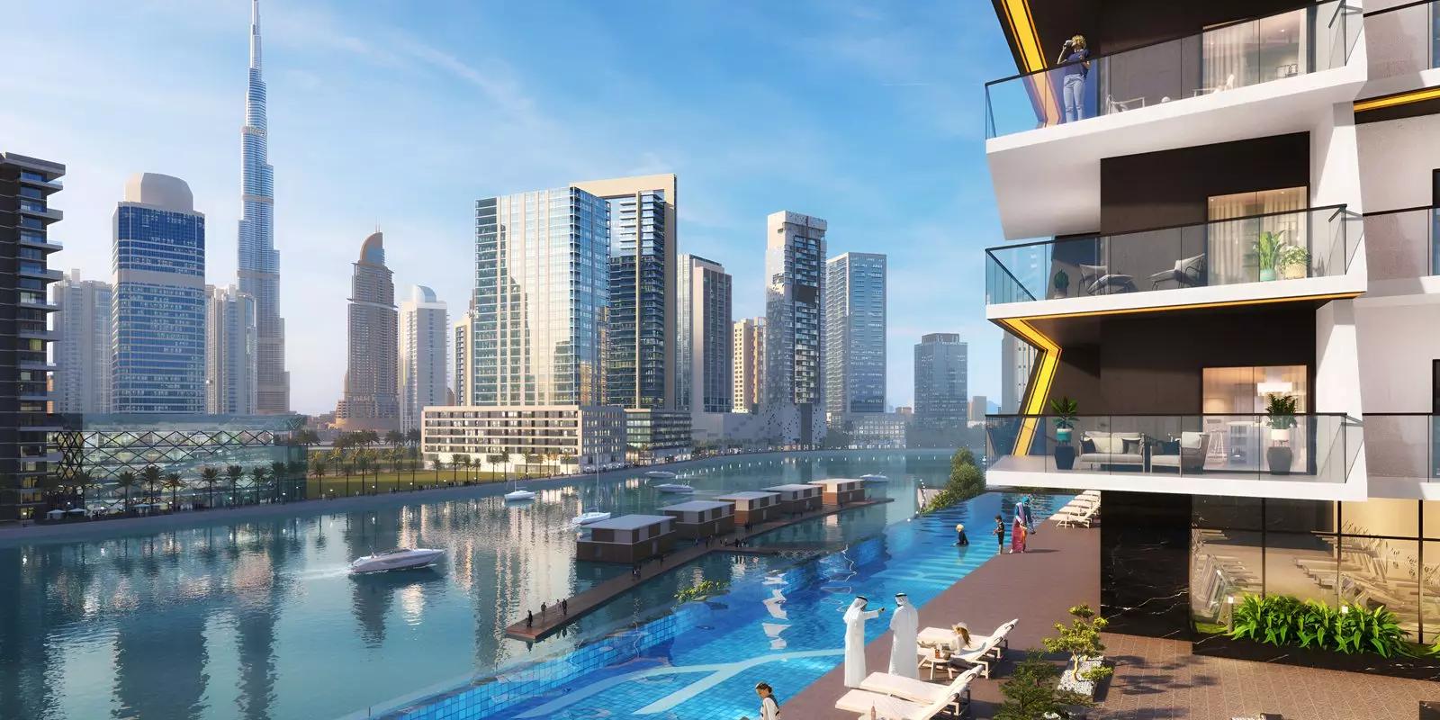 Binghatti Canal building facade and entrance, Business Bay, Dubai