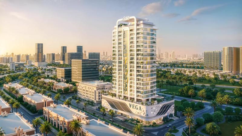 Vega Residence exterior facade in Dubai Sports City