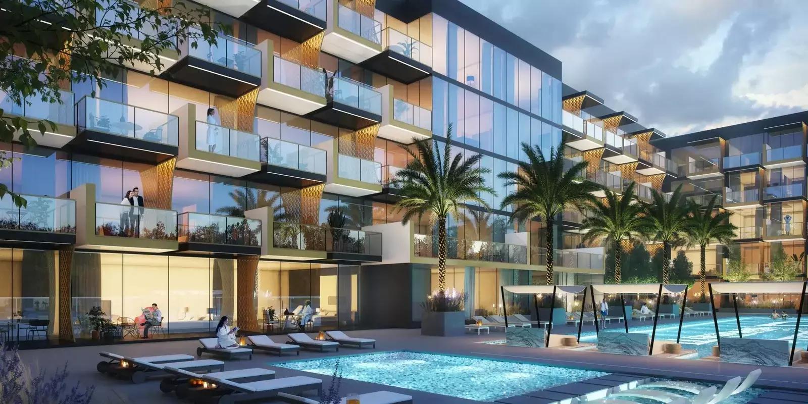 Binghatti Crescent shared swimming pool deck, JVC, Dubai