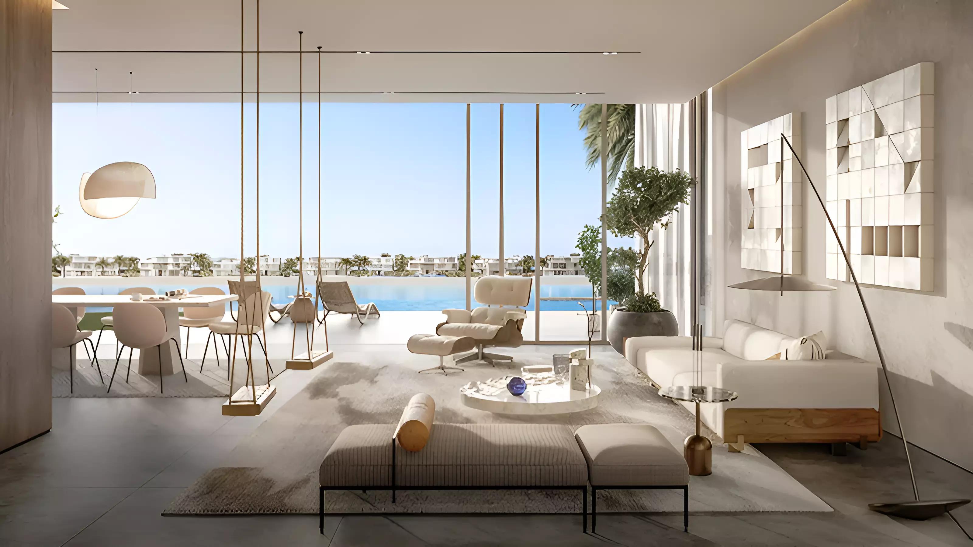 Villa Cyan Sky living interior with natural light, Palm Jebel Ali