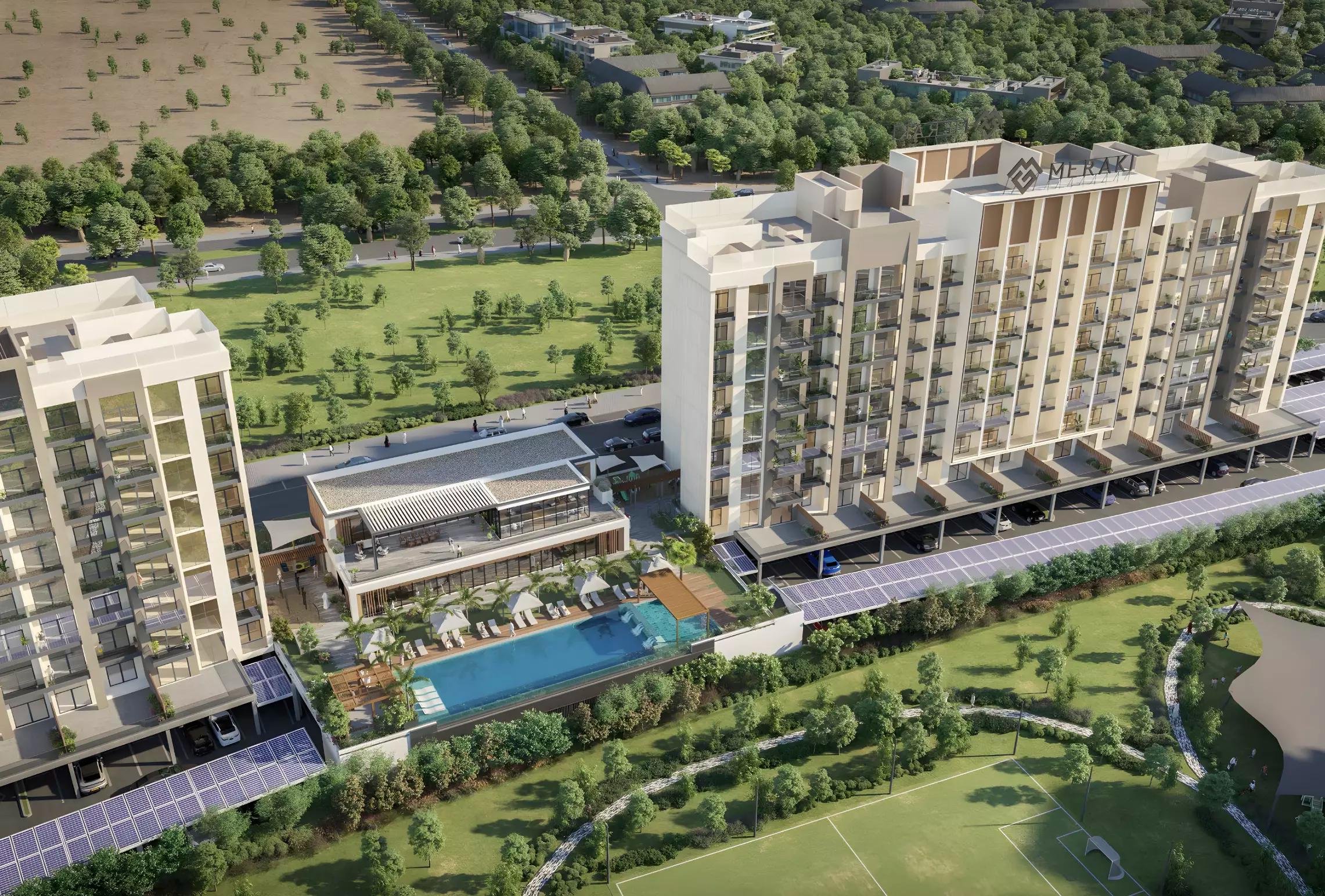 Exterior facade of The Haven apartment building in Majan, Dubai