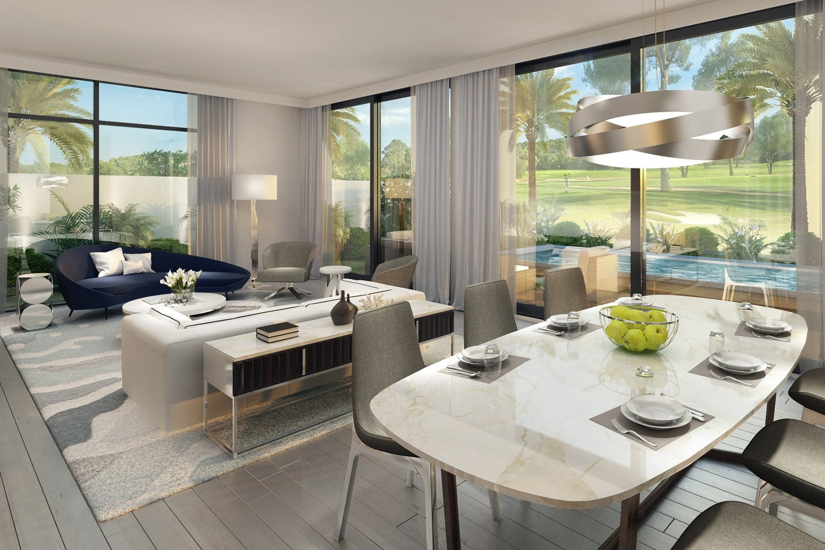 Golf Links villa open-plan living and dining area with golf course views