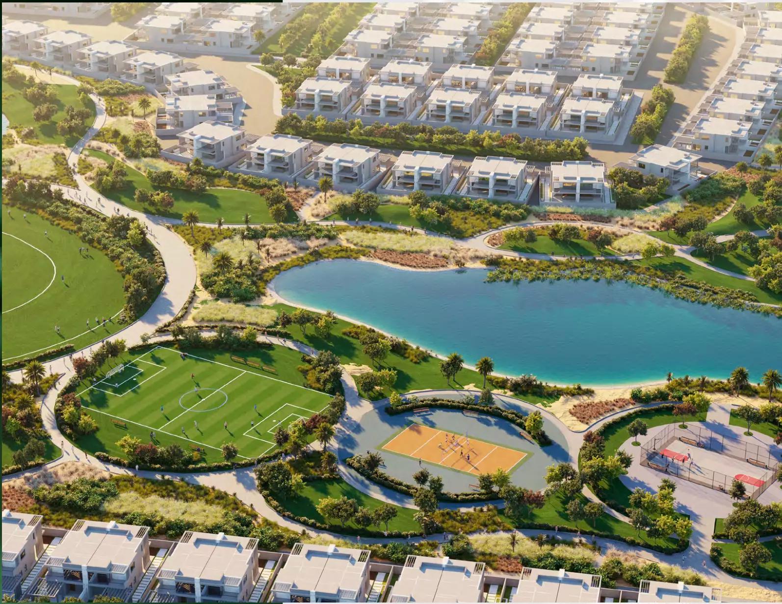 Landscaped garden walkway within Natura, Damac Hills 2