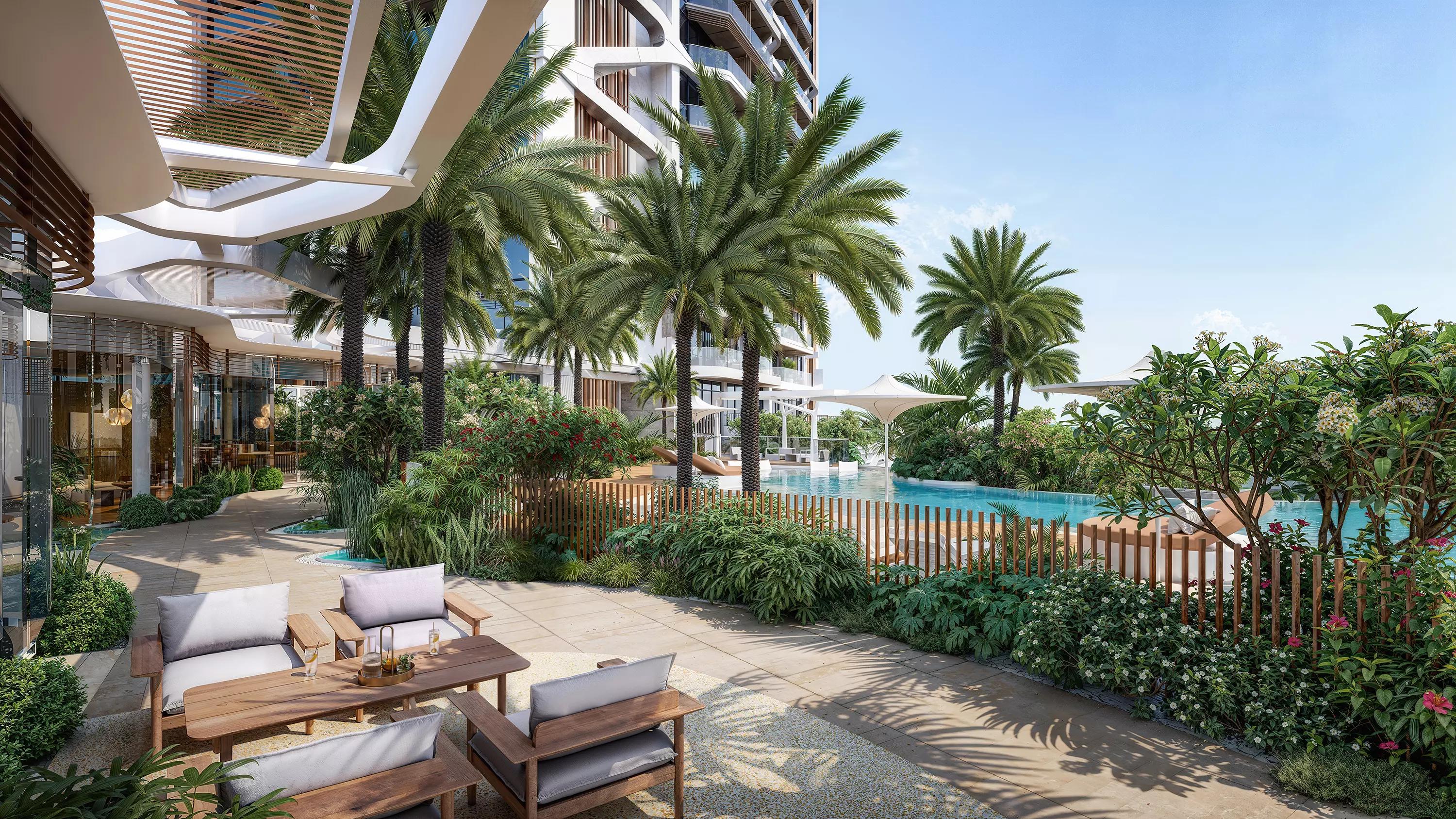 Altiera Heights landscaped gardens and outdoor seating, Jumeirah Islands, Dubai