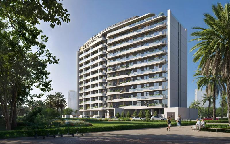 Exterior facade of Verdan 1A Phase 3 apartment building, Verdania 3, Dubai Land Residence Complex