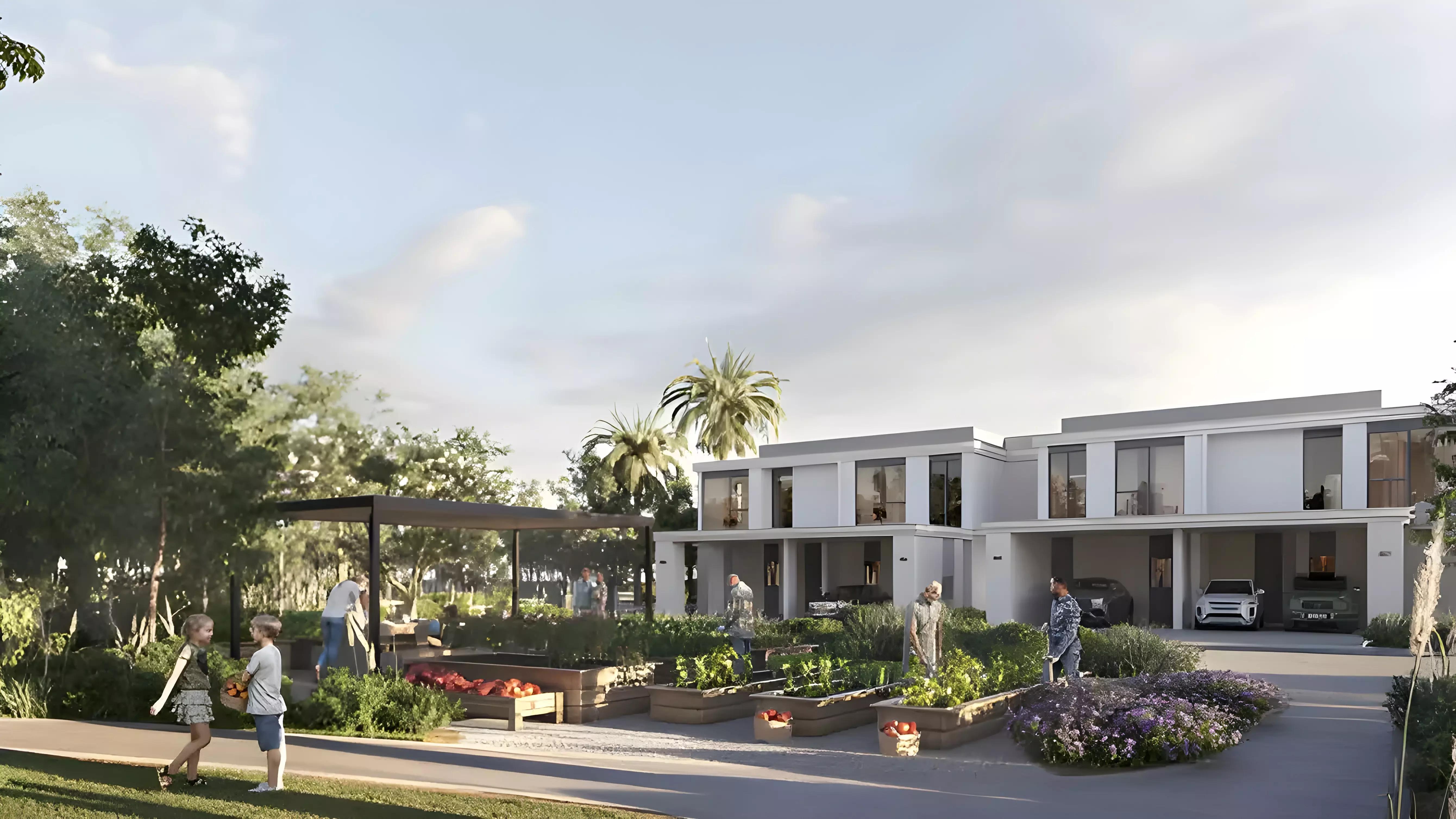 Greenridge townhouse street view with landscaping, Emaar South