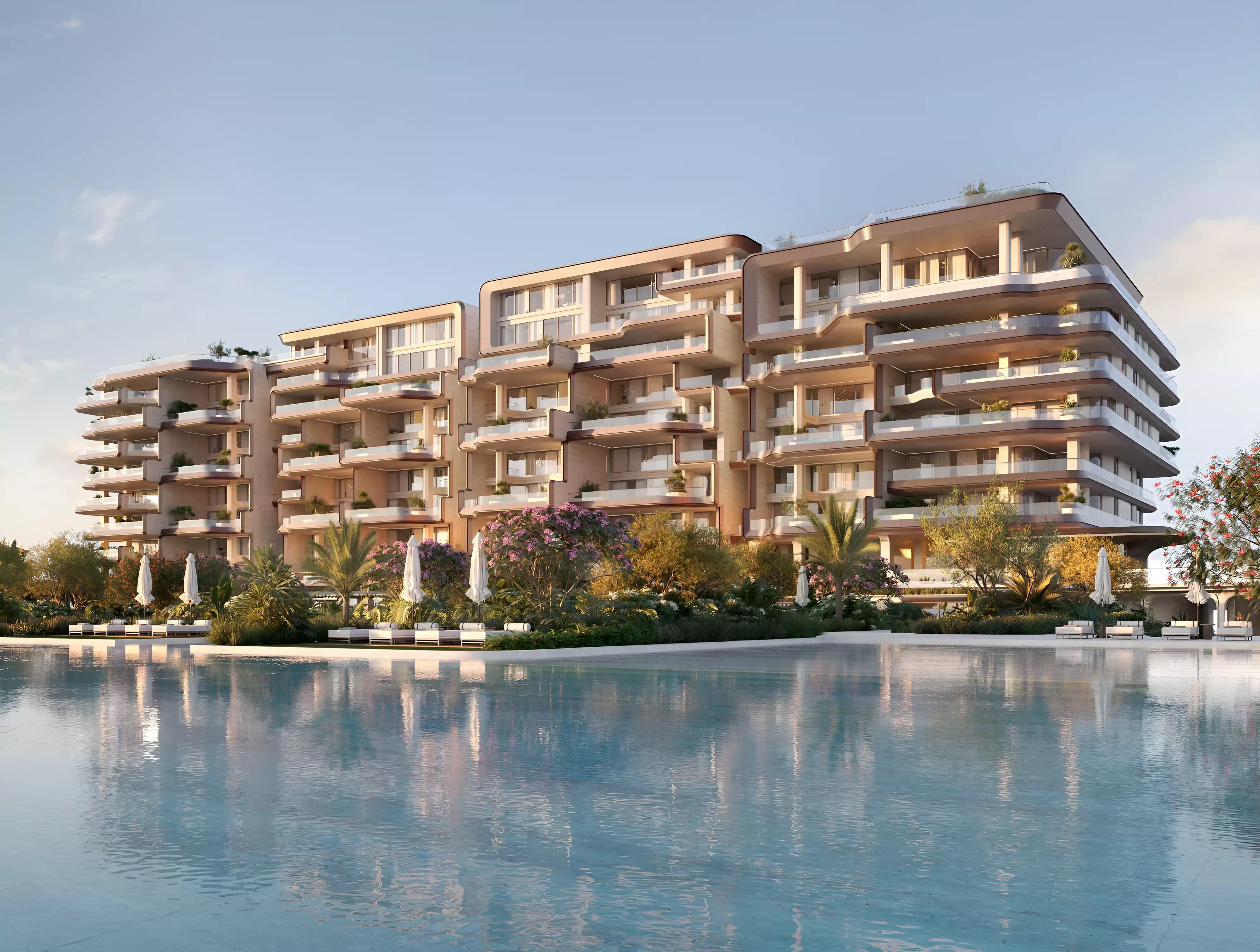 Exterior facade of The Alba Residences Dorchester Collection on Palm Jumeirah Crescent