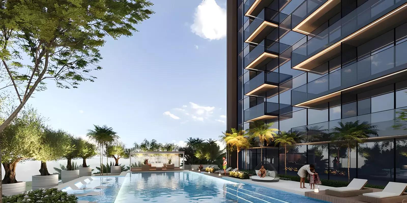 Lilium Tower residential tower view with landscaped surroundings, JVT Dubai