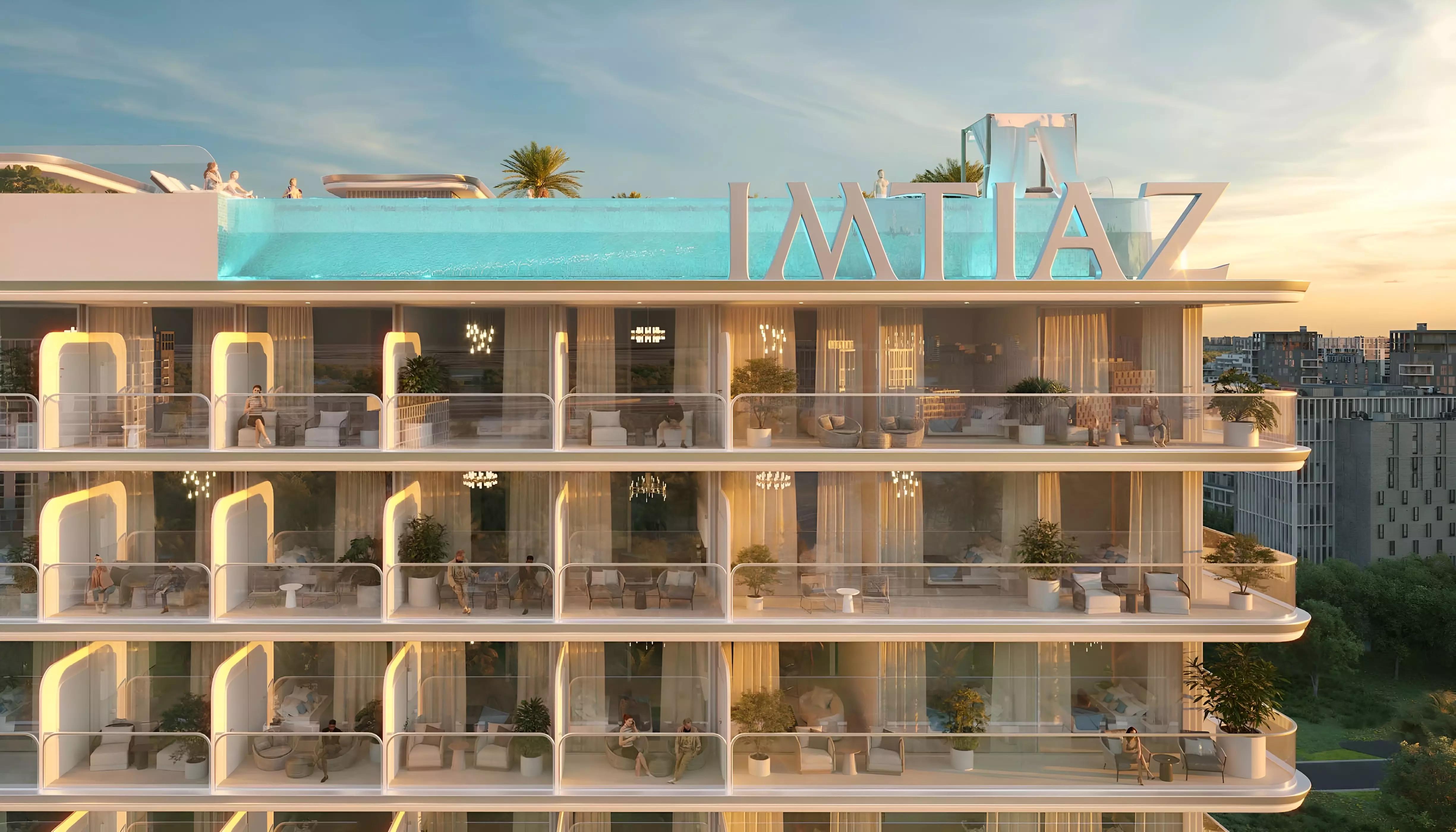 Amenity deck and pool area at Cove Edition 6, Dubai Land Residence Complex