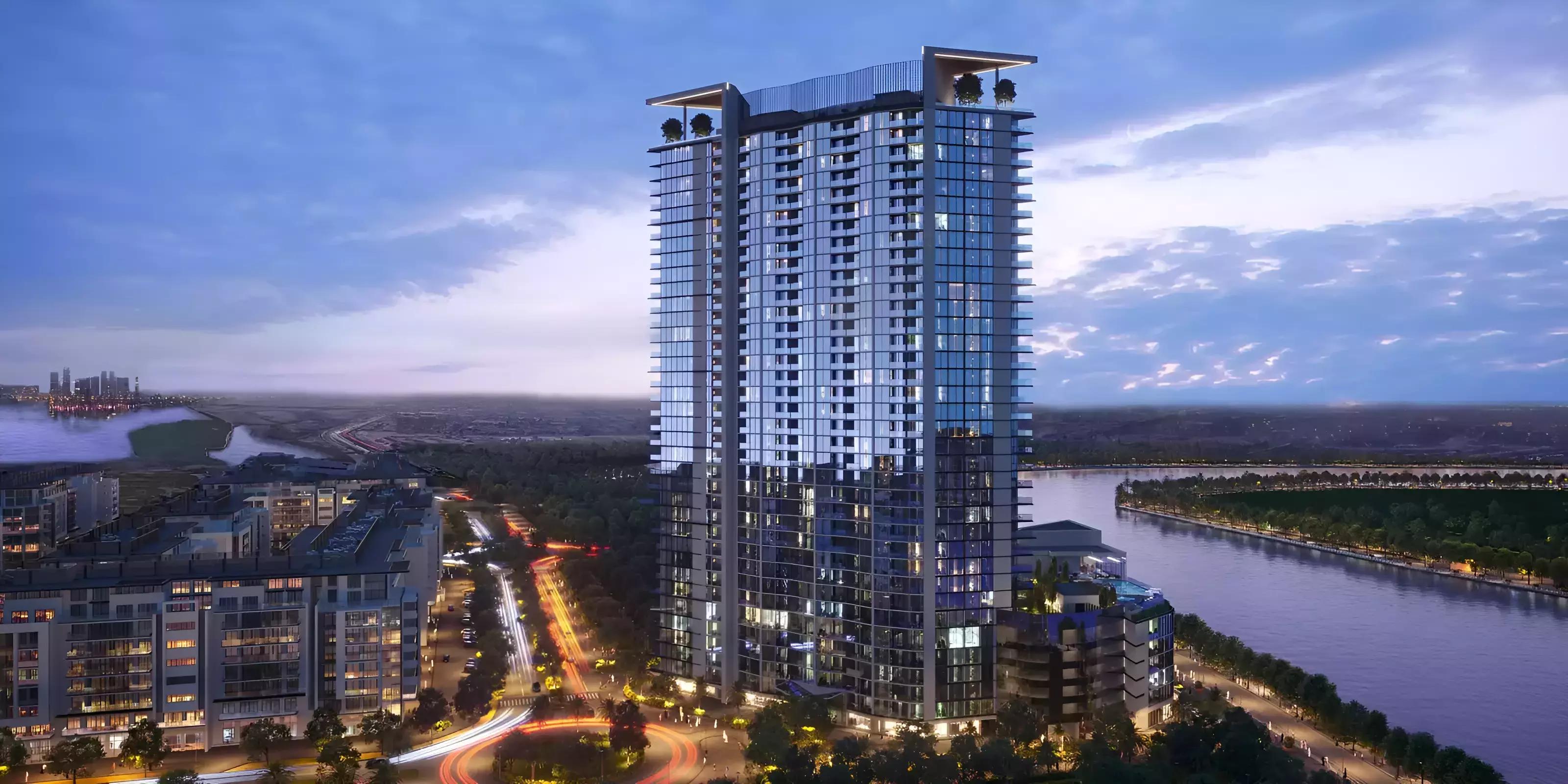 Waterfront view from Sobha Hartland Waves apartment balcony, MBR City