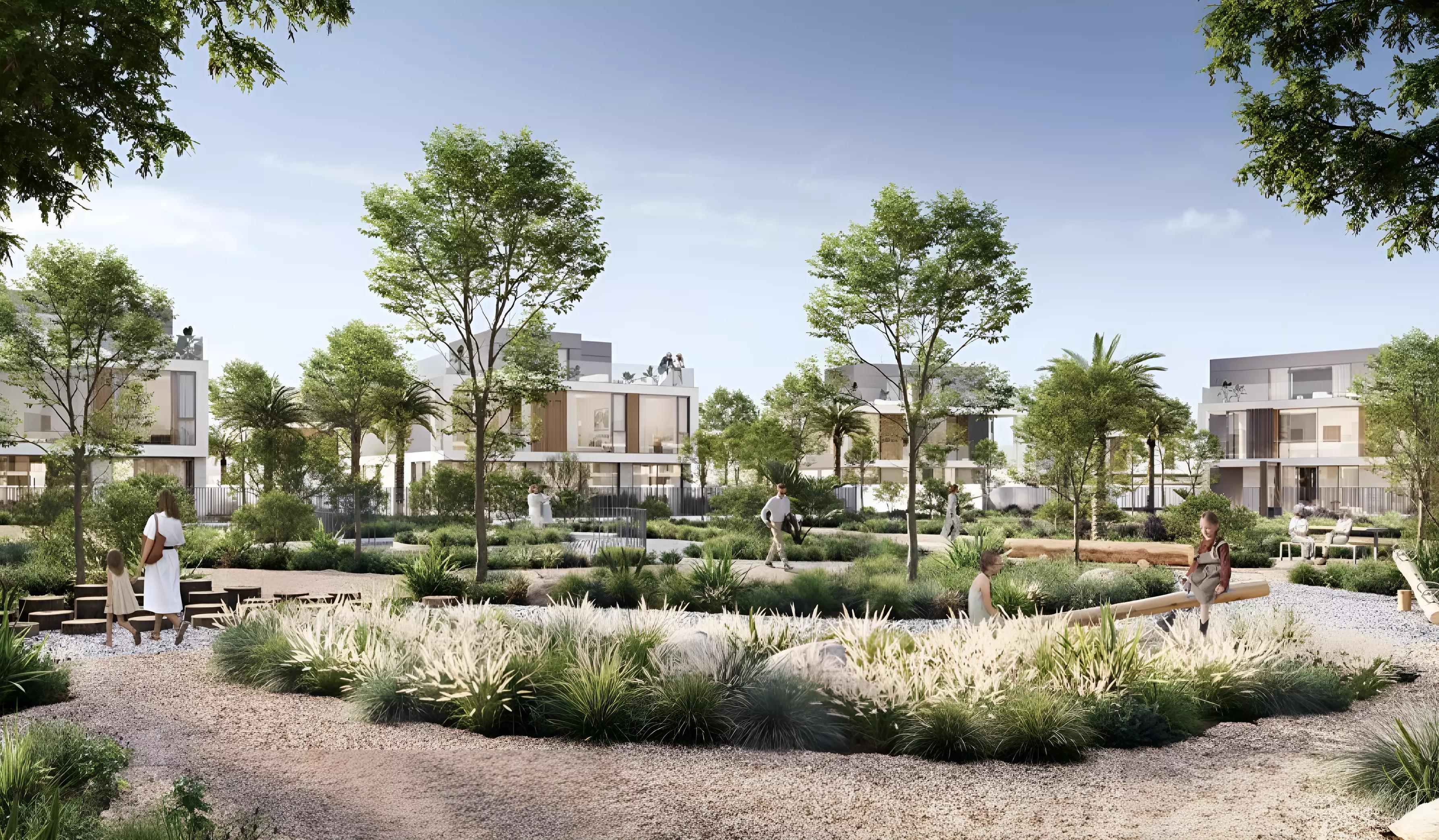 Farm Grove 2 villa exterior with landscaped garden frontage, The Valley, Dubai