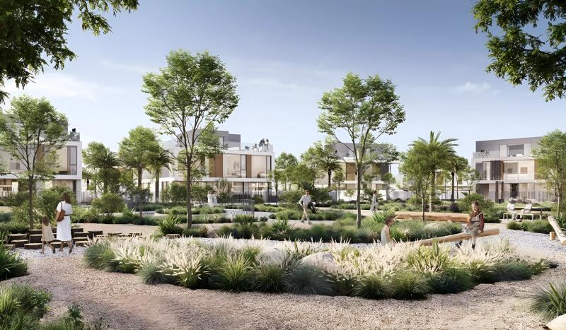 Farm Grove 2 villa exterior with landscaped garden frontage, The Valley, Dubai