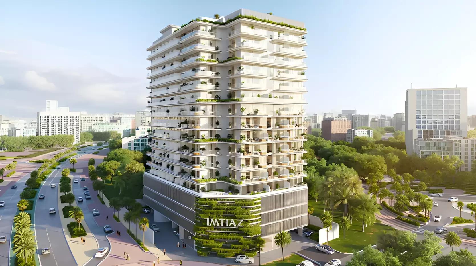 Exterior facade of Cove Edition Phase 3 apartment building, Dubai Land Residence Complex