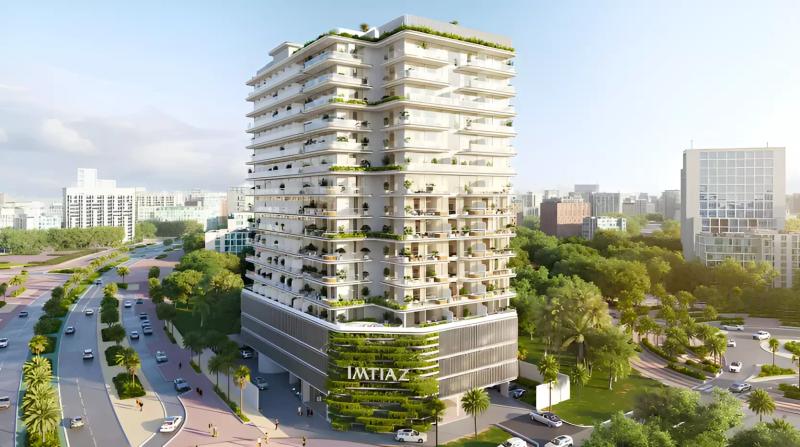 Exterior facade of Cove Edition Phase 3 apartment building, Dubai Land Residence Complex