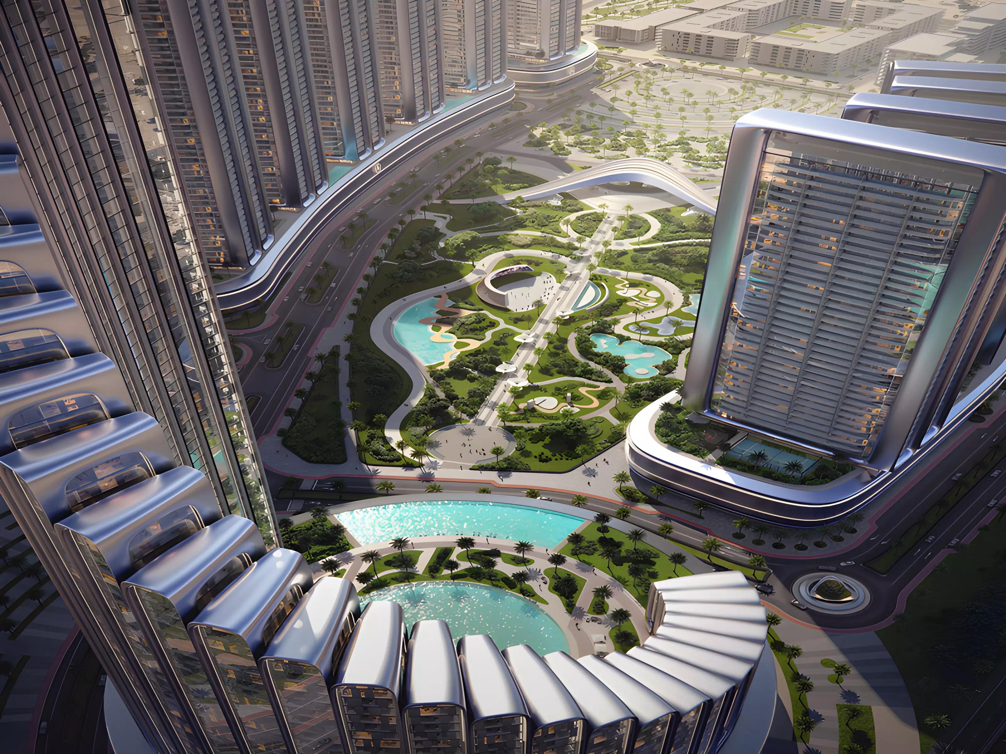 Binghatti Vision Iconic landscaped gardens and walkway, Nad Al Sheba