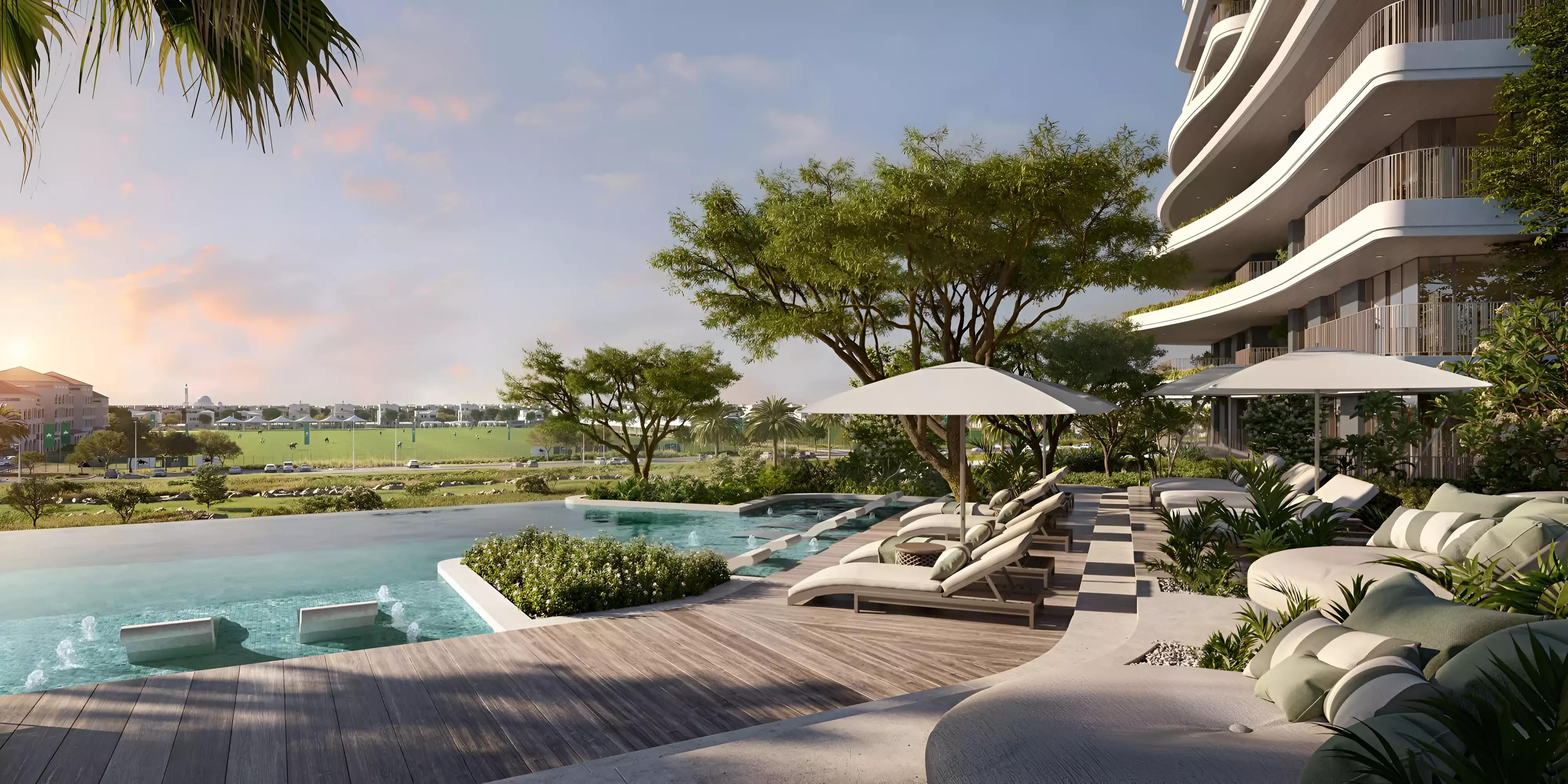 Pine community landscaped gardens and pool area, Haven by Aldar, Dubai