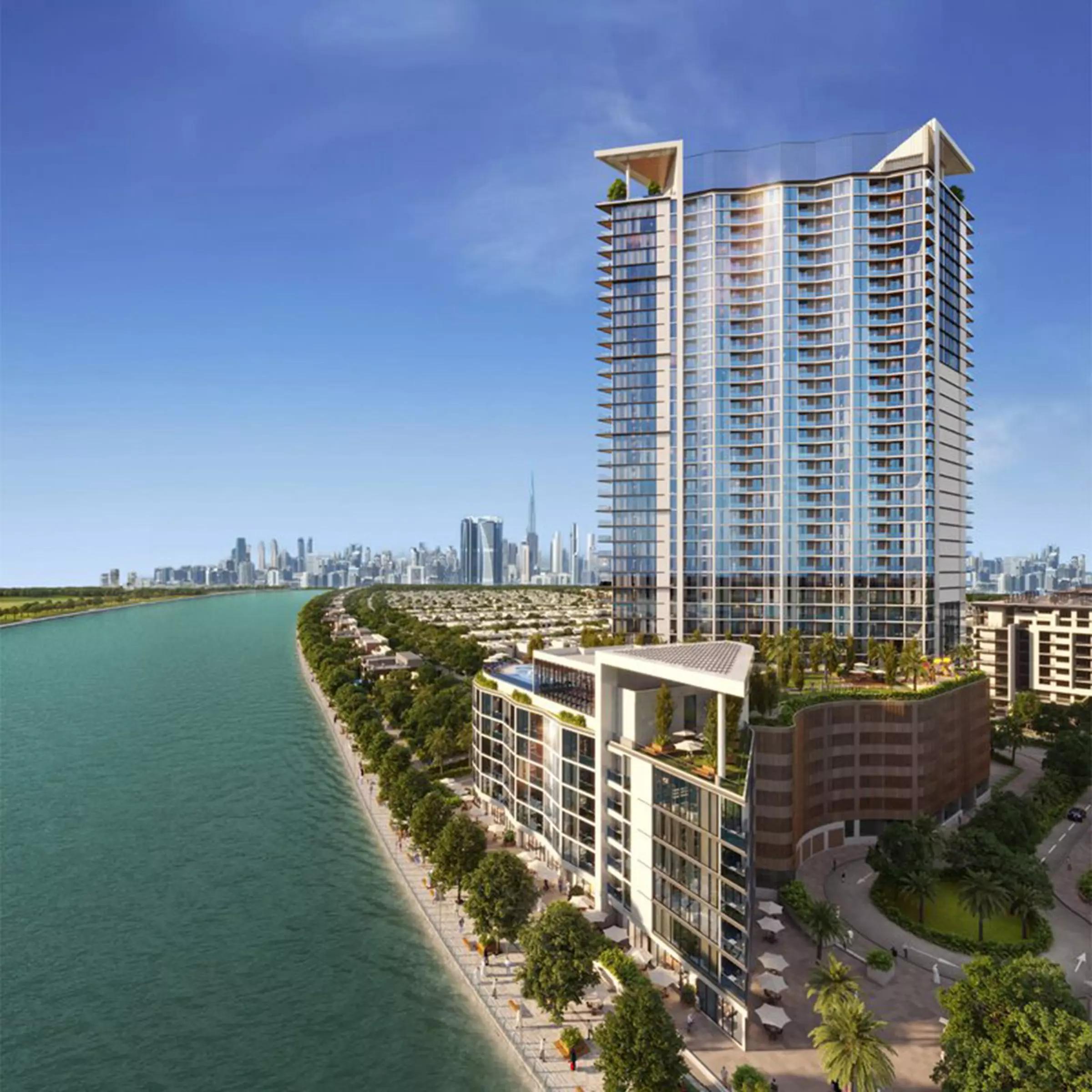 Shared infinity pool deck at Sobha Hartland Waves