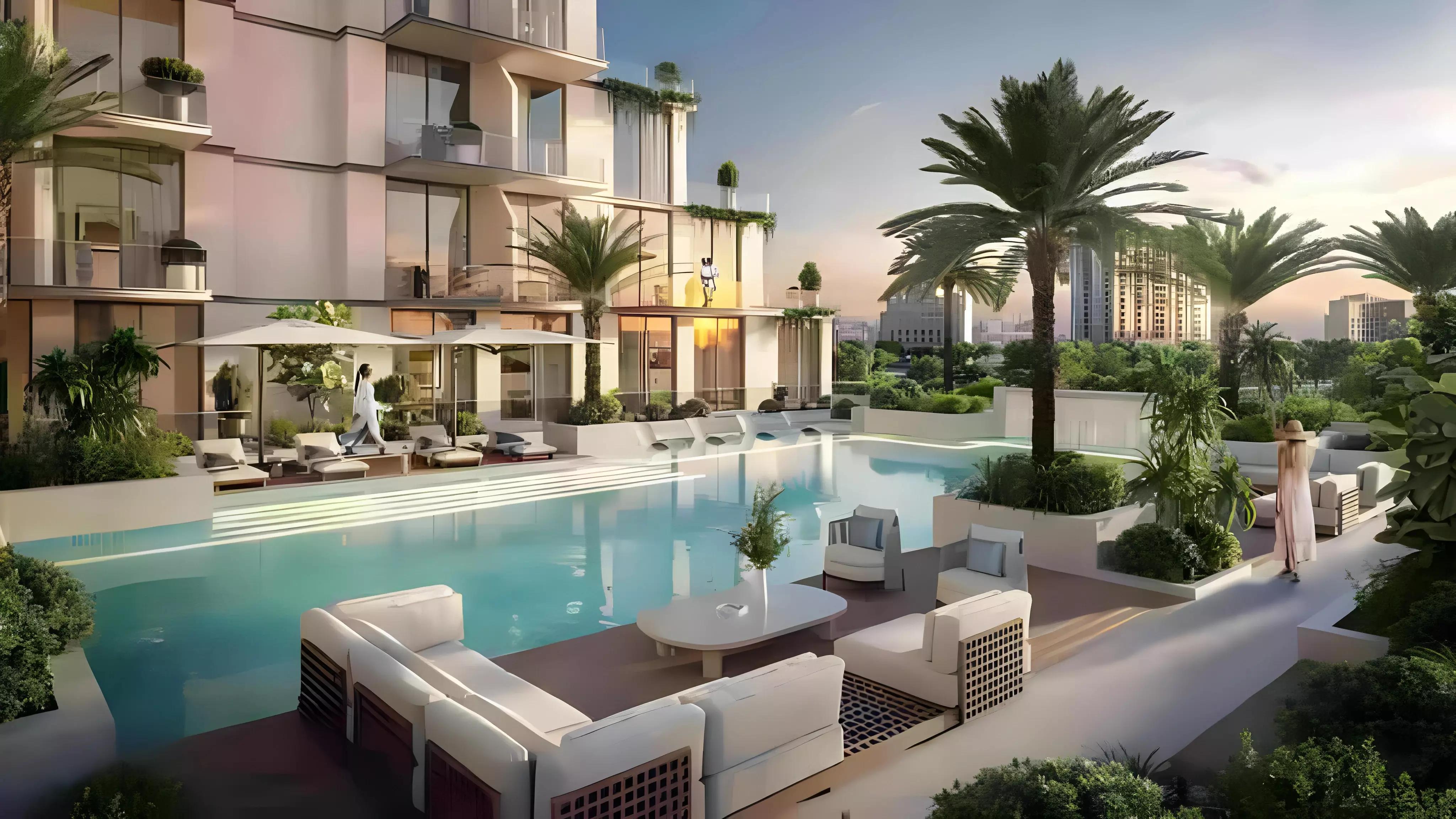 Trevino Residences amenity deck and pool area, JVC, Dubai